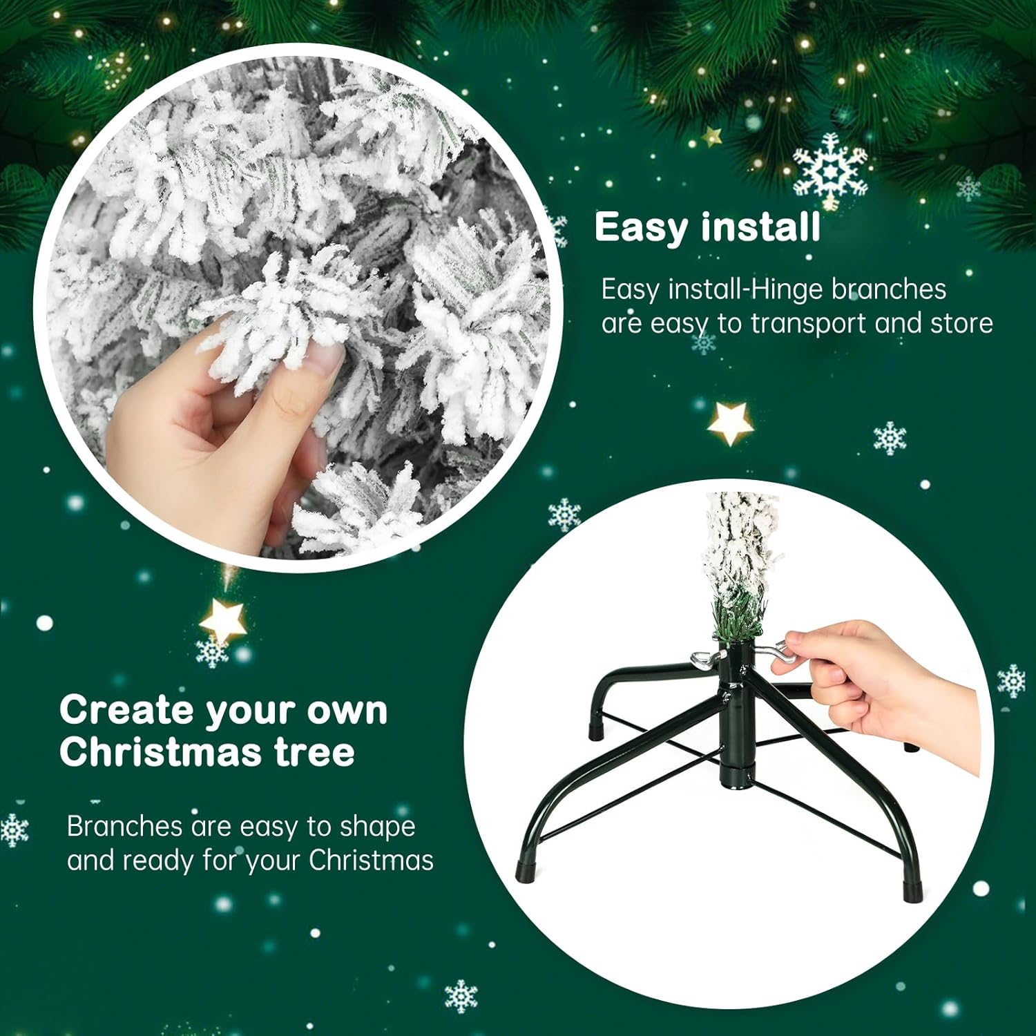 Outroad Árbol de Navidad flocado de nieve de 6 pies, pino artificial con bisagras de alta calidad, soporte de metal para árbol de Navidad y 800