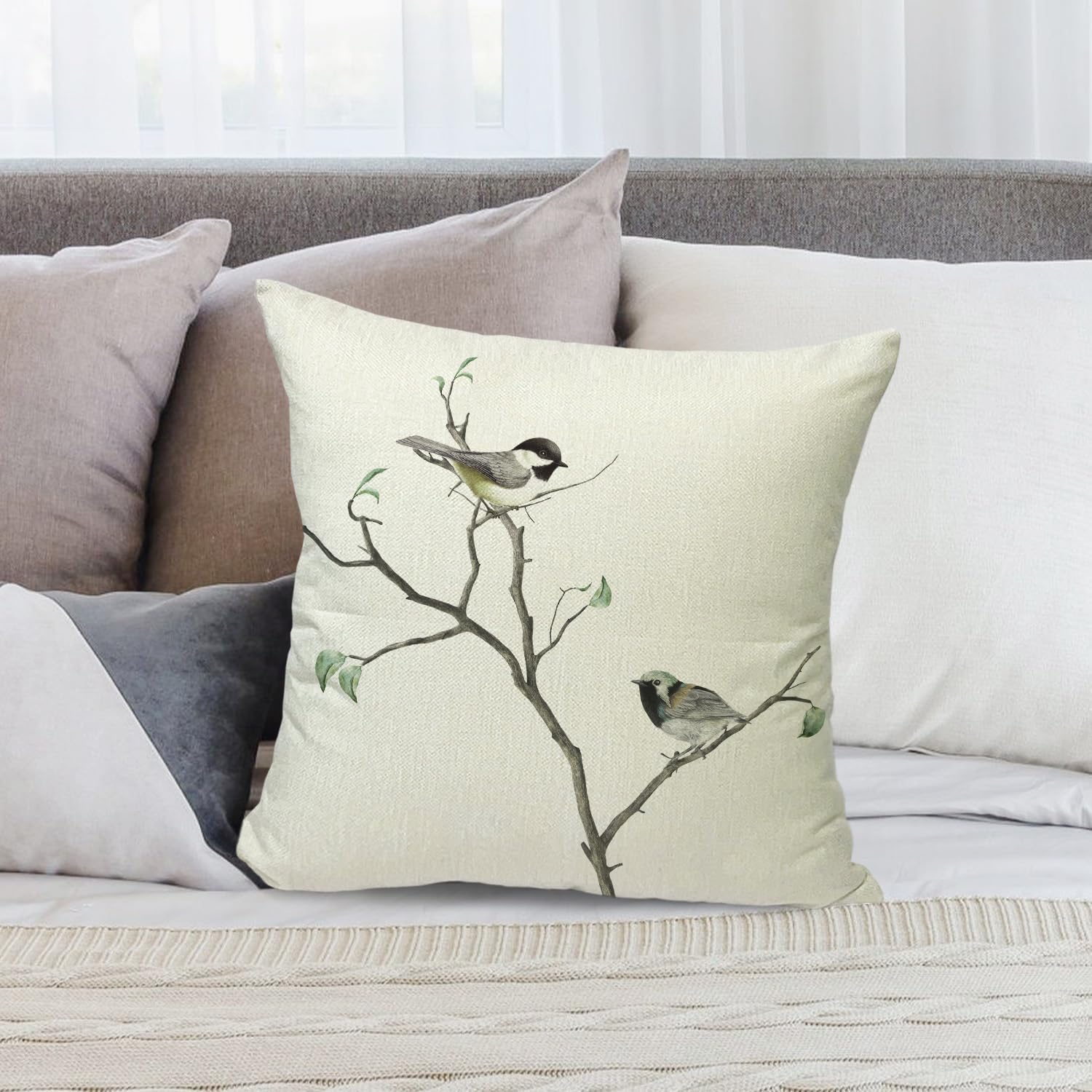 Fundas de almohada decorativas de lino de 18 x 18 pulgadas con diseño de pájaros en el árbol, funda de cojín para decoración de granja