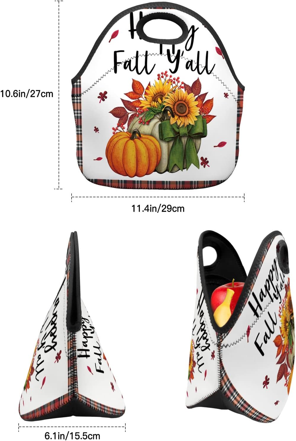 Reusable Neoprene Lunch Bag, Happy Fall Y’all Sunflowers Pumpkin Buffalo Plaid Soft Thermal Meal Tote, Lightweight Washable Insulated Lunch Pouch