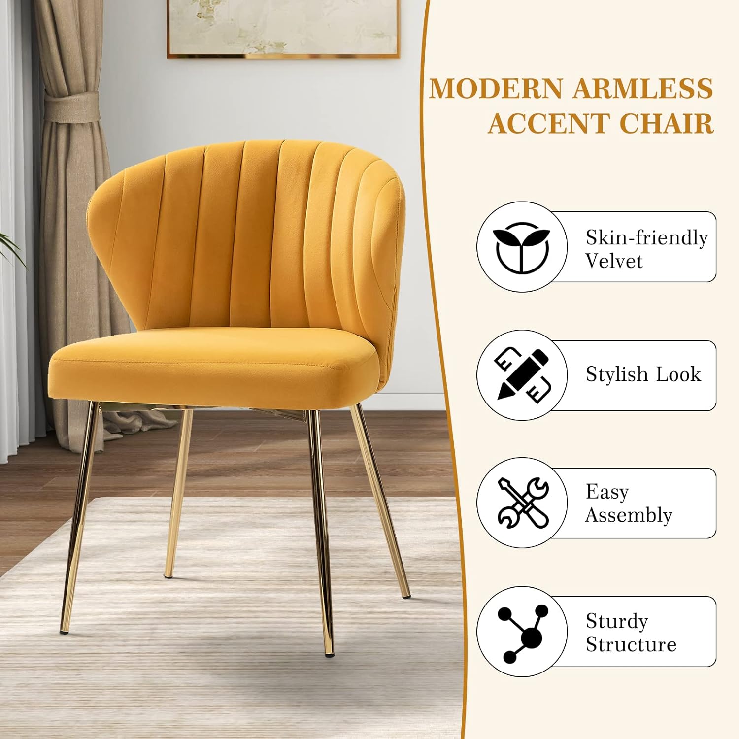 HULALA HOME Silla de comedor de terciopelo, bonita silla de acento sin brazos, silla de sala de estar con patas doradas, silla lateral tapizada