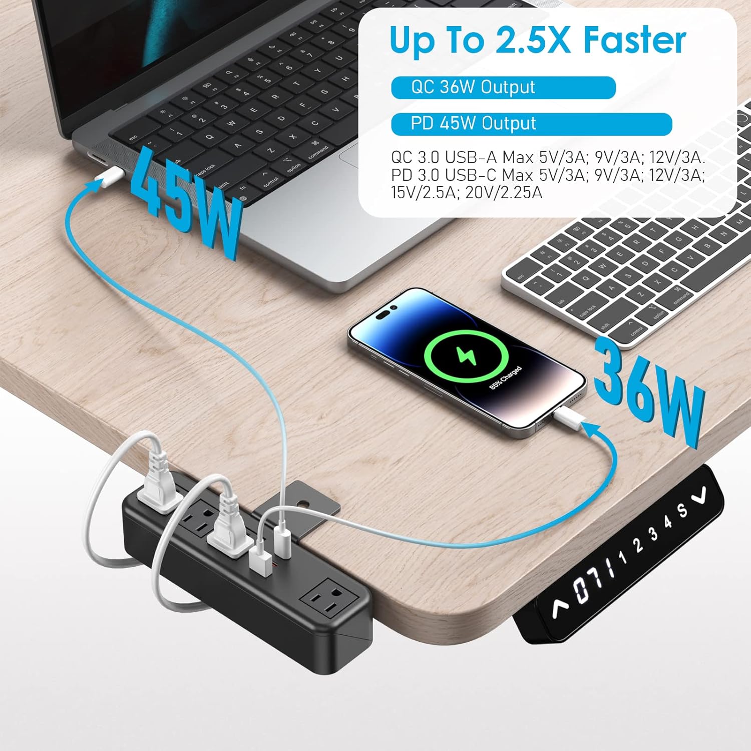 CCCEI Regleta de alimentación de abrazadera lateral de escritorio USB C de 45 W, toma de montaje de abrazadera de borde de tubo superior de