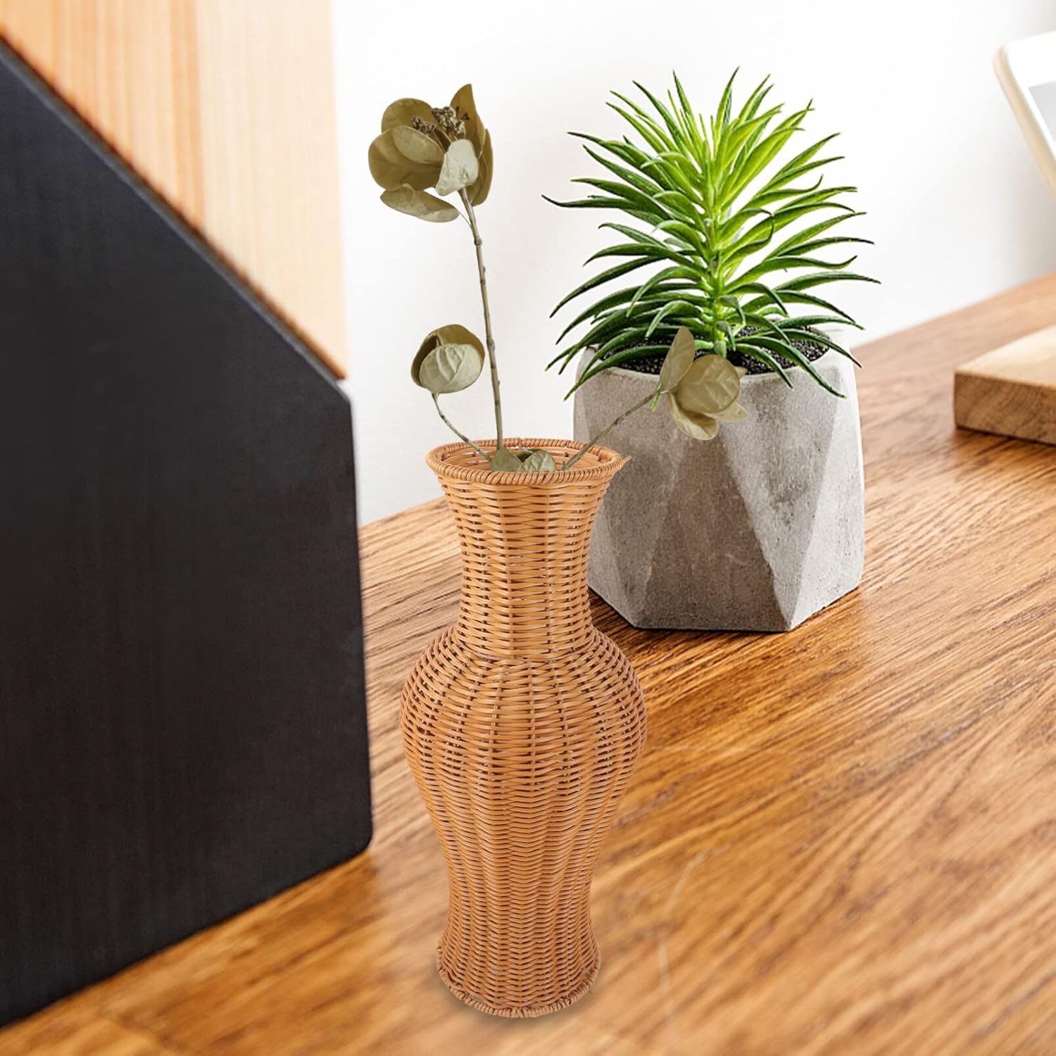 TEHAUX Florero de madera de mimbre, florero de mimbre vintage, jarrón de flores tejidas, jarrón de flores de paja, jarrón rústico de estilo japonés,