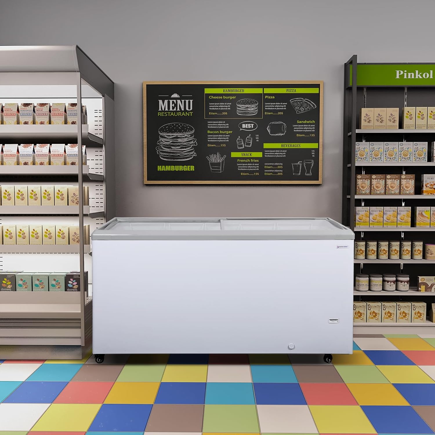 Congelador comercial de 16 pies cúbicos con luz LED, rango de temperatura de -8 F y 0 F, congelador de pantalla superior de vidrio con 6 cestas de