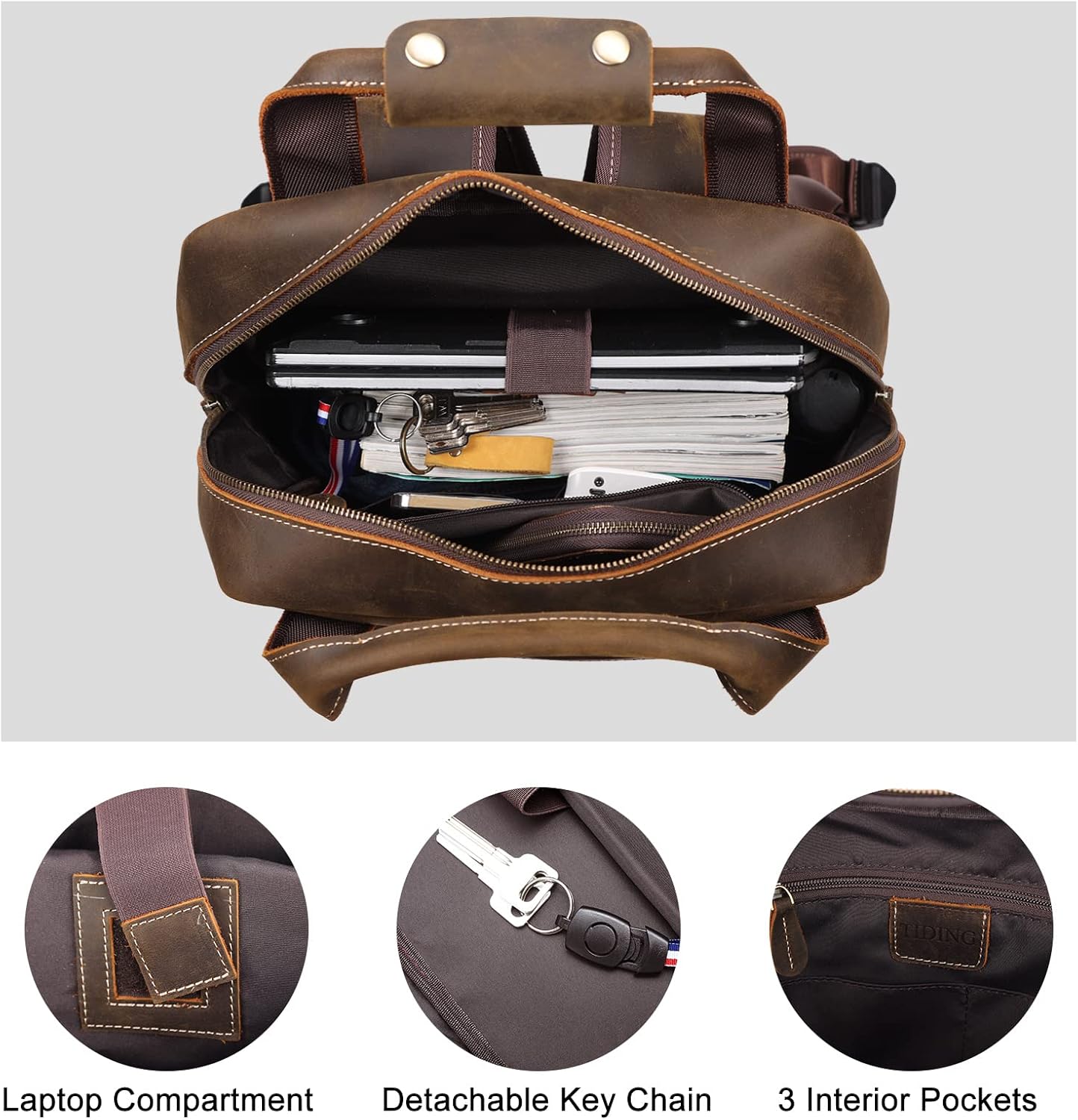 TIDING Mochila de cuero para hombre Mochila para portátil de 17.3 pulgadas, mochila de gran capacidad para viajes de negocios y oficina, Marrón