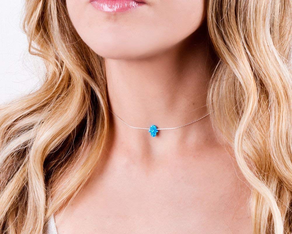 Blue Opal Hamsa on a Sterling Silver Choker Necklace- Handmade Protection Hand Charm Collar – 13.5 + 3 inch extending (royal blue, sterling-silver)