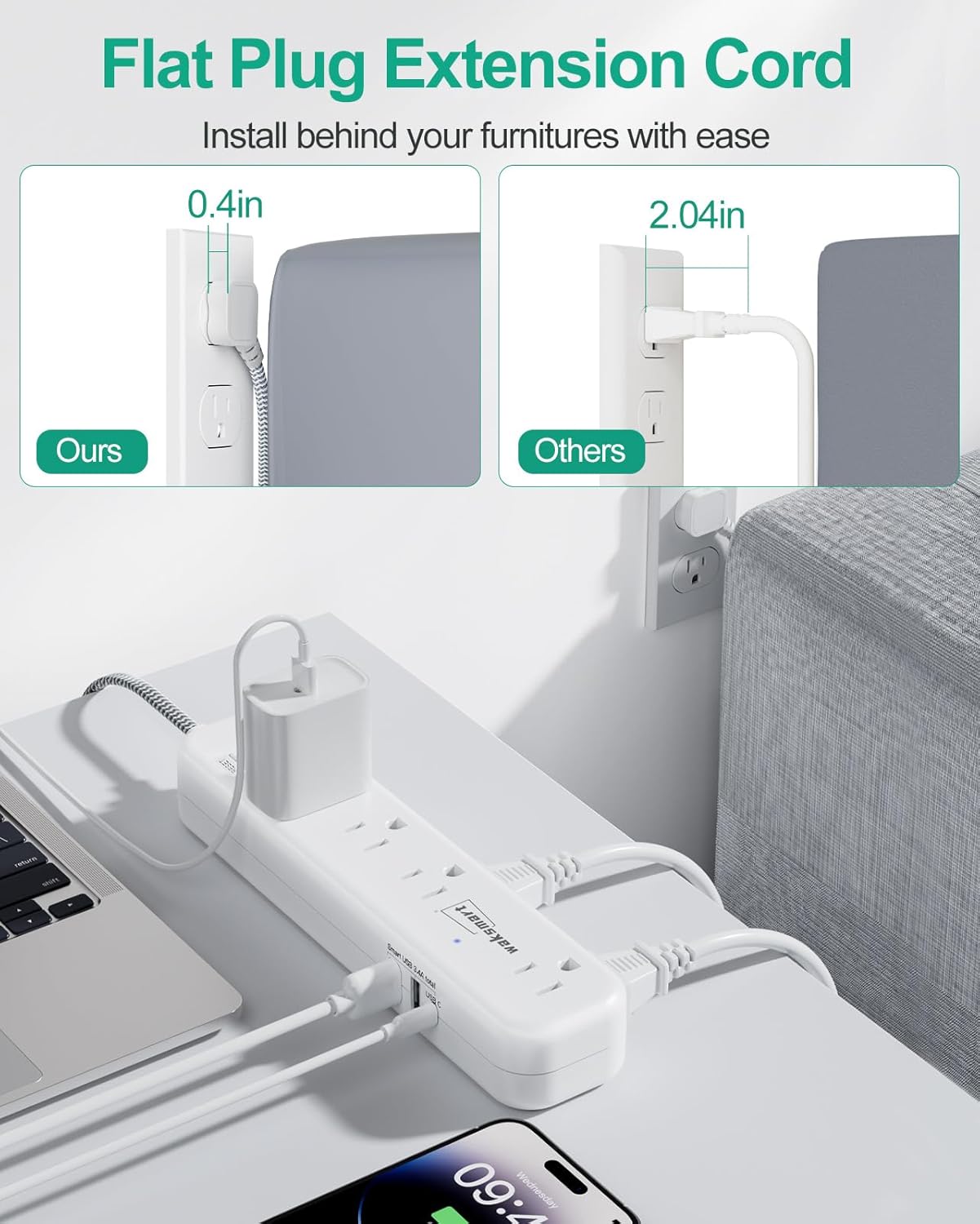 Cable de extensión plano de 20 pies, múltiples tomacorrientes, protector de sobretensiones, 8 salidas de CA, 3 USB de carga rápida (3.4 A 17 W),
