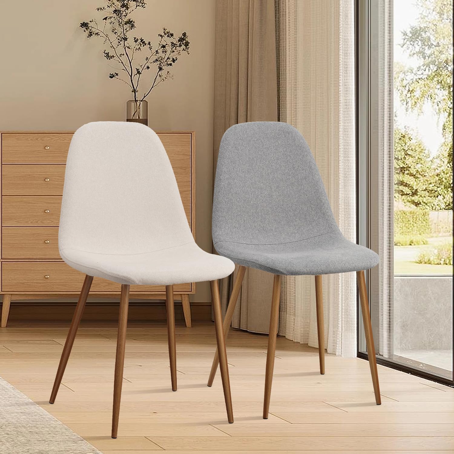 Juego de 4 sillas de comedor, sillas laterales de tela moderna de mediados de siglo, respaldo curvado tapizado sin brazos con patas de metal,