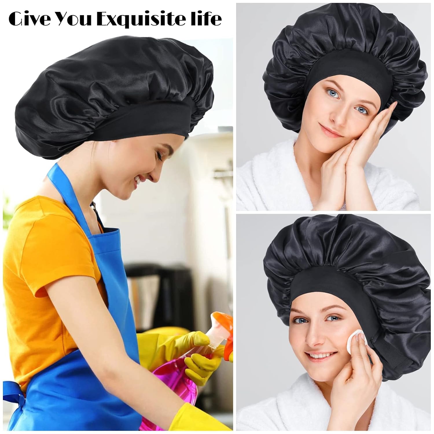 Gorro de seda para dormir de doble capa de satén ajustable para mujeres negras, gorro de dormir reversible para cabello rizado (negro)