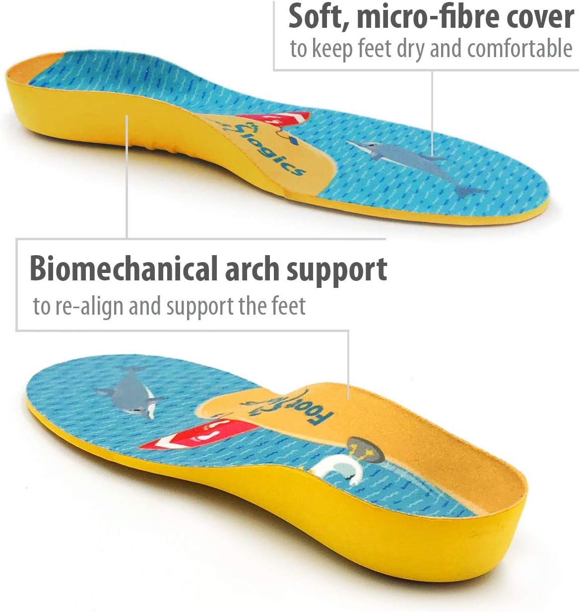 Footlogics Fun Kids – Plantillas ortopédicas para zapatos con soporte de arco para el dolor de talón de los niños (enfermedad de Sever), dolores de