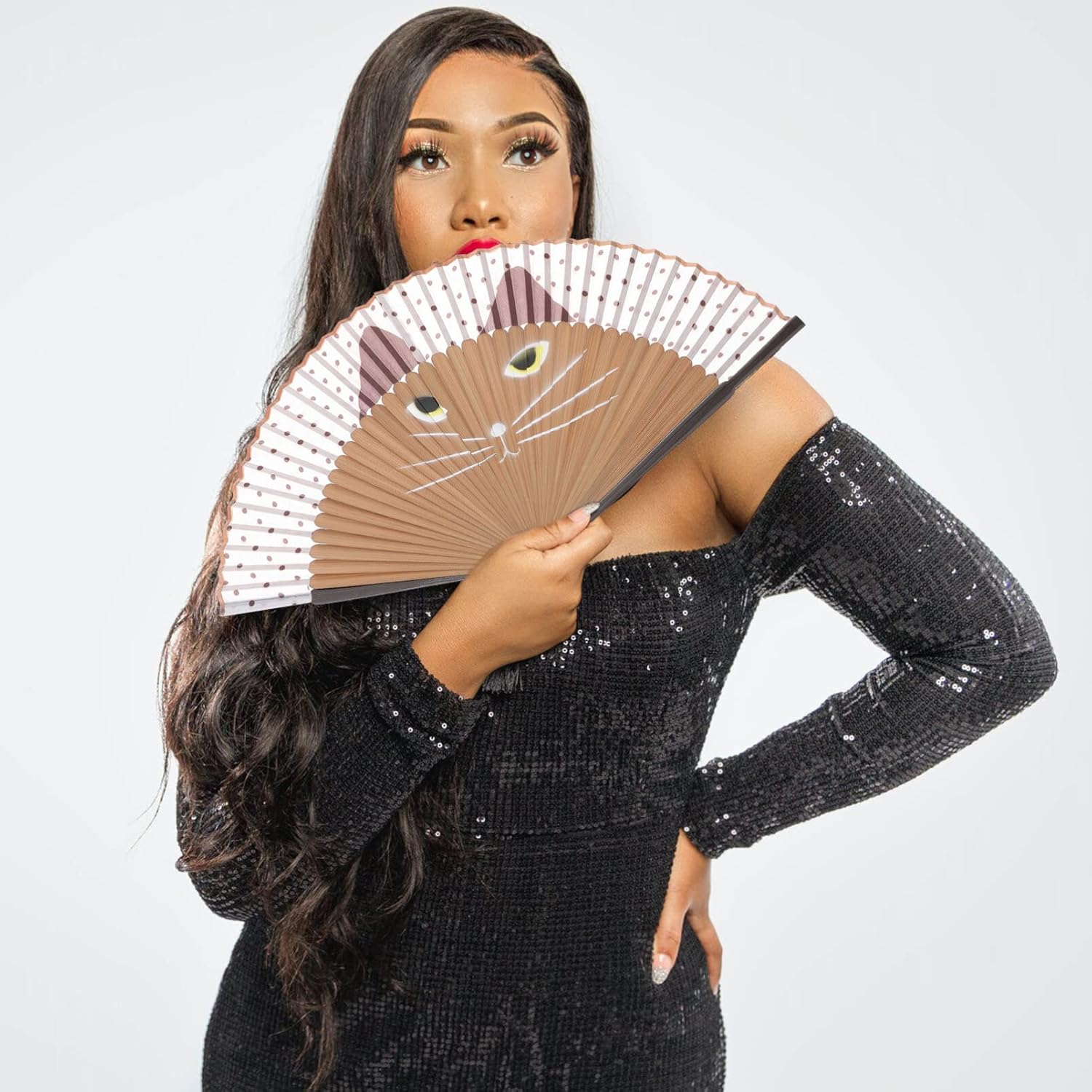 Beaupretty Ventilador plegable de mano, abanicos plegables de mano con borlas, abanicos de mano para mujeres, ventilador plegable de gato de dibujos