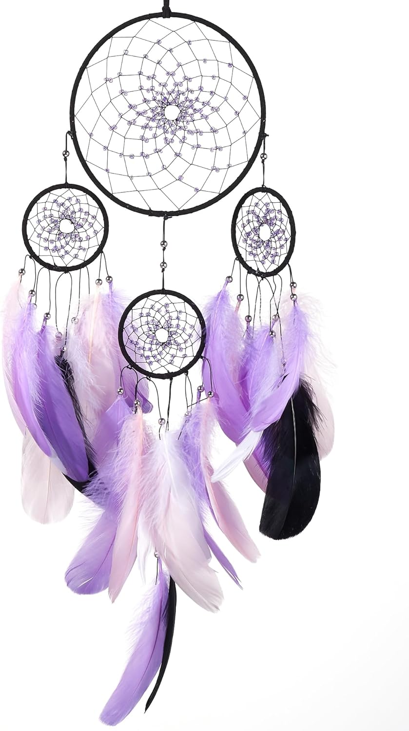 Atrapasueños de color morado estrellado, plumas de ganso con multianillo, hecho a mano, gran atrapasueños para dormitorio, atrapasueños para niñas,