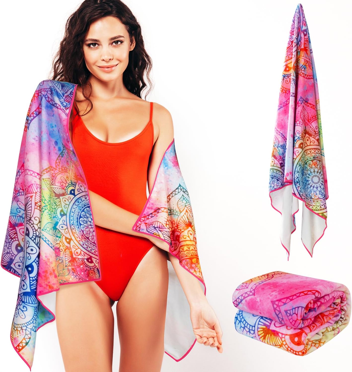 Lokigo Toalla de playa con diseño de mandala, de algodón floral de colores, toalla de baño suave y absorbente, toalla de baño para niños, niñas,