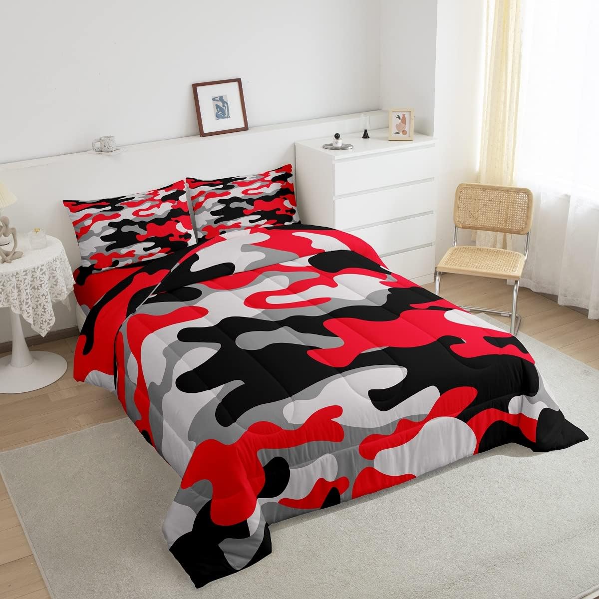Juego de edredón de camuflaje de tamaño matrimonial, juego de ropa de cama de 3 piezas para niños, niñas y adolescentes, 1 edredón y 2 fundas de