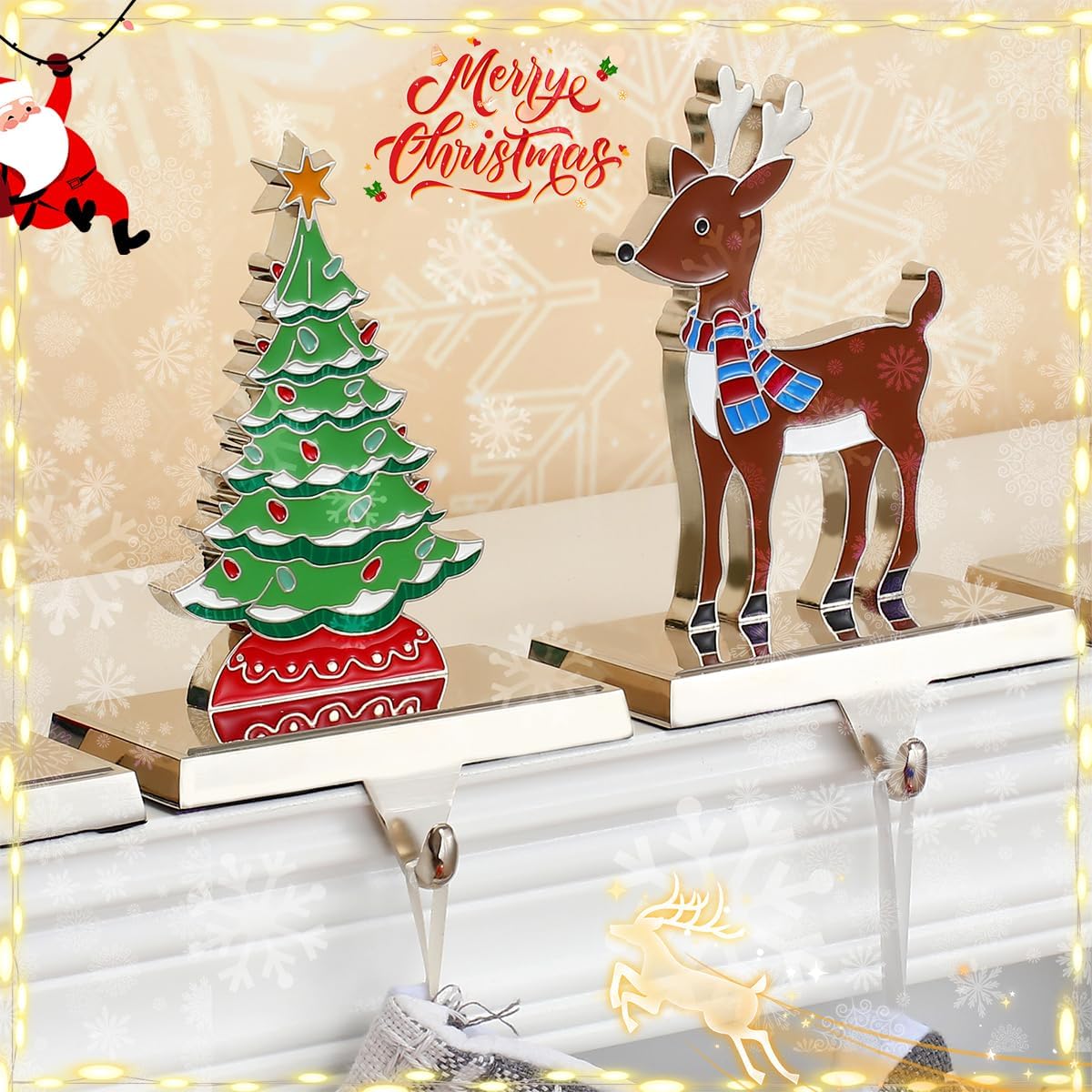 Juego de 2 ganchos de calcetines de Navidad de ciervos para mantel de Navidad, ganchos para chimenea, soporte de metal para calcetines de árbol de