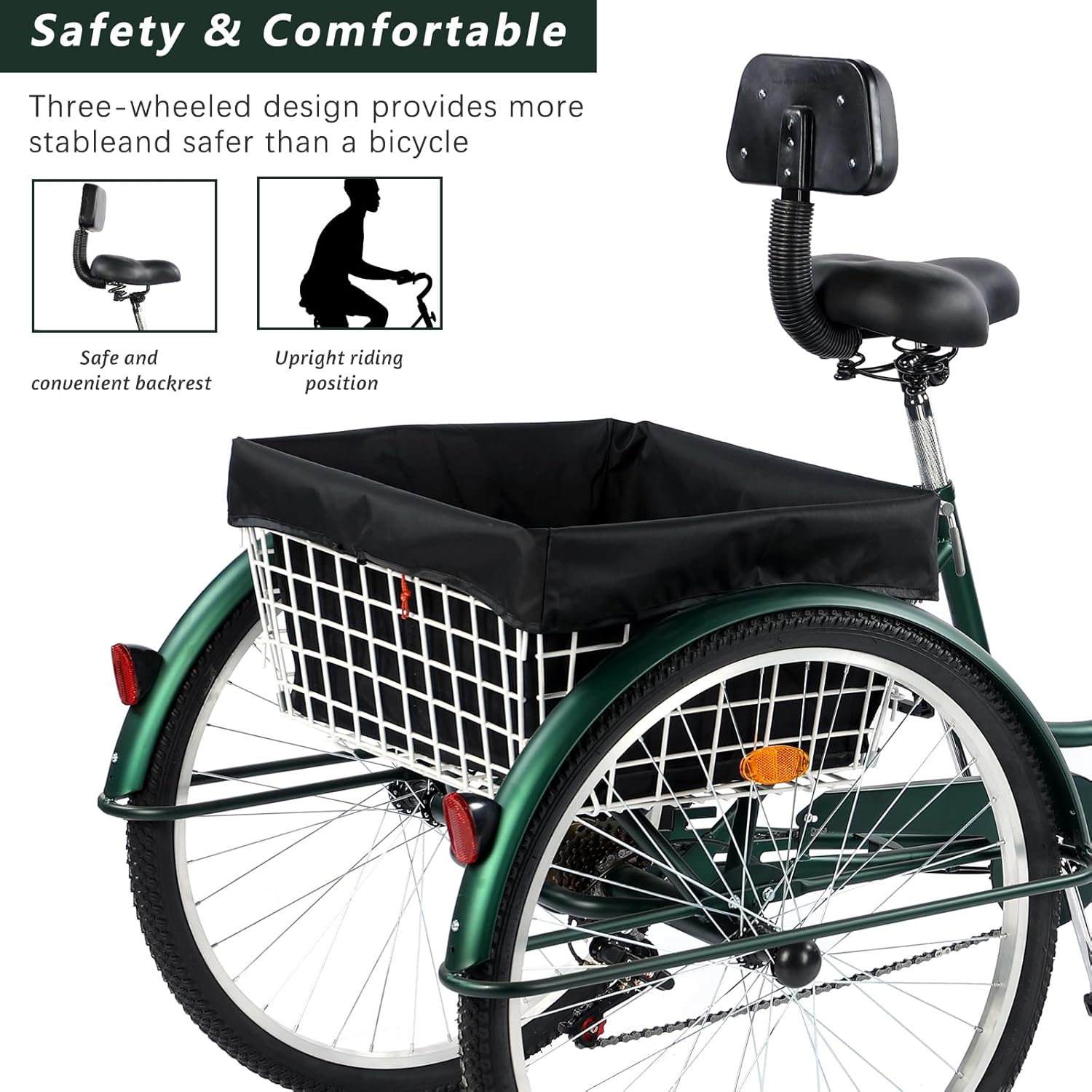 26 inch Adult Tricycle, 7 Speed 3 Wheel Bike for Women Men Seniors, Cruise Trike Bike with Shopping Basket & Lock, Adjustable Seat, Multiple Colors