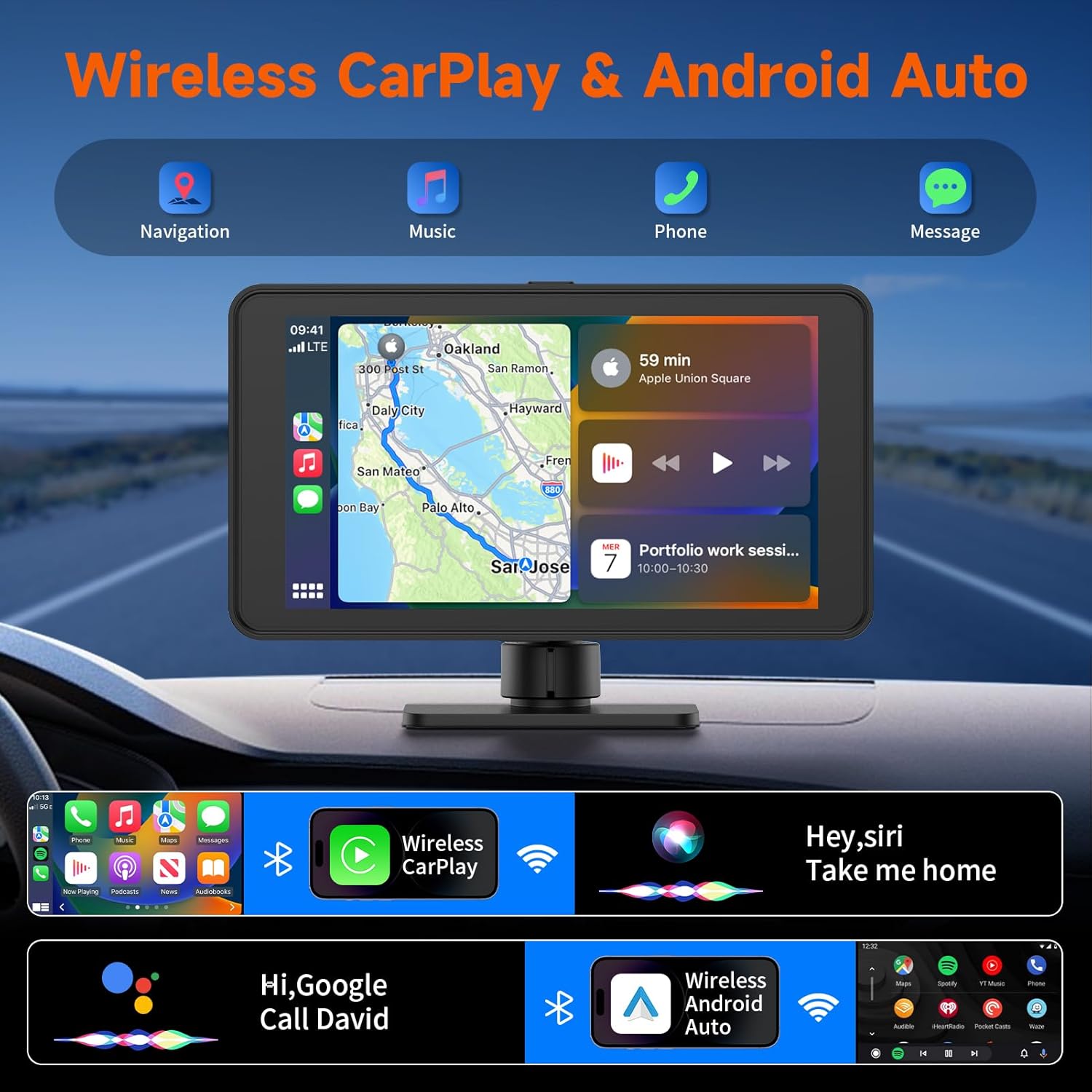 Spedal Receptor inalámbrico CarPlay y Android Auto CL518, cámara de tablero Ultra HD de 2.5K, audio Bluetooth, comando de voz, carga rápida