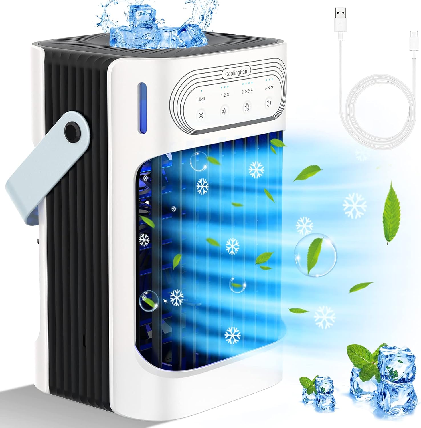 Aire acondicionado portátil, enfriador de aire evaporativo TIOKVIOP 10 W mejorado y 3 niebla fría 3 en 1, 3 velocidades de viento y 7 luces LED, 3