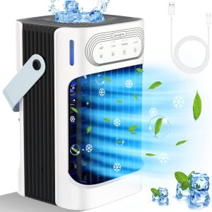 Aire acondicionado portátil, enfriador de aire evaporativo TIOKVIOP 10 W mejorado y 3 niebla frÃa 3 en 1, 3 velocidades de viento y 7 luces LED, 3 Aire acondicionado portátil, enfriador de aire evaporativo TIOKVIOP 10 W mejorado y 3 niebla frÃa 3 en 1, 3 velocidades de viento y 7 luces LED, 3