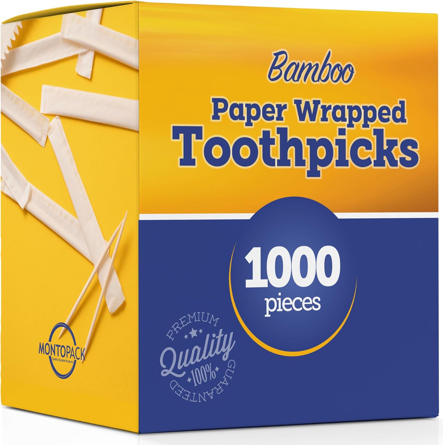Montopack Palillos de dientes envueltos en papel individualmente, paquete ecológico a granel de 1000 palillos de frutas de madera seguros para