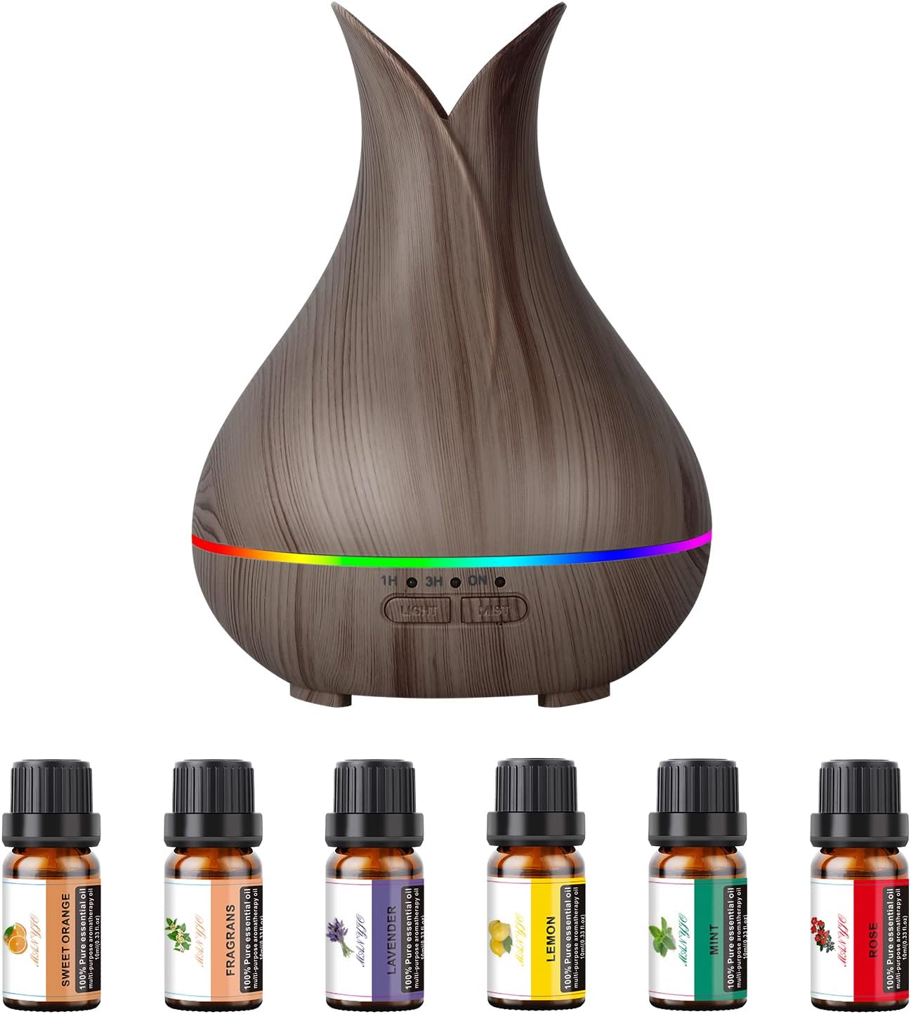 Difusor de aceite esencial con juego de 6 aceites esenciales, 5.1 fl oz pequeño y lindo difusor de aroma con luz LED de 15 colores y 3 veces,