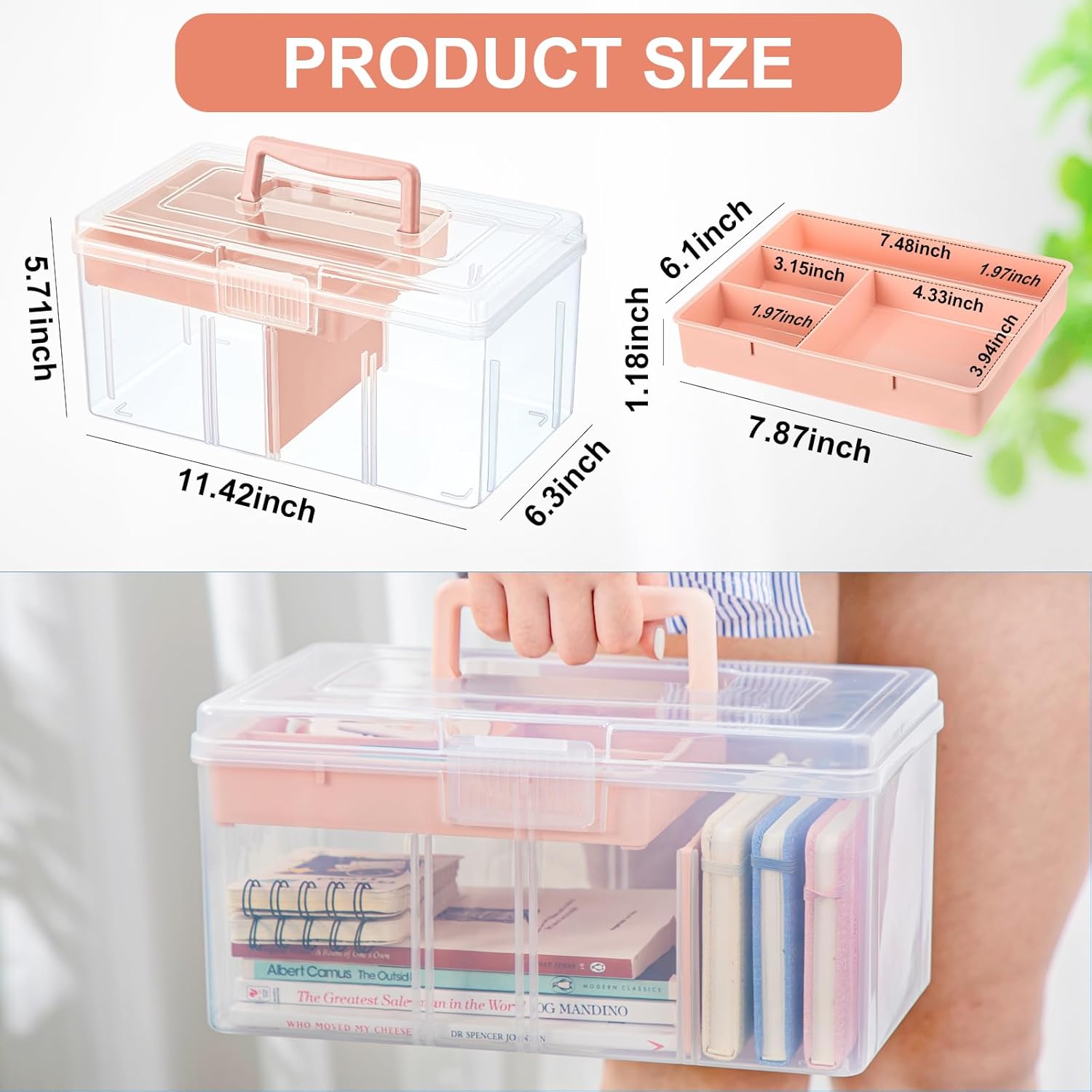 Leinuosen Caja de almacenamiento dividida de plástico transparente de 2 capas con bandeja extraíble, caja de almacenamiento multiusos de papelería