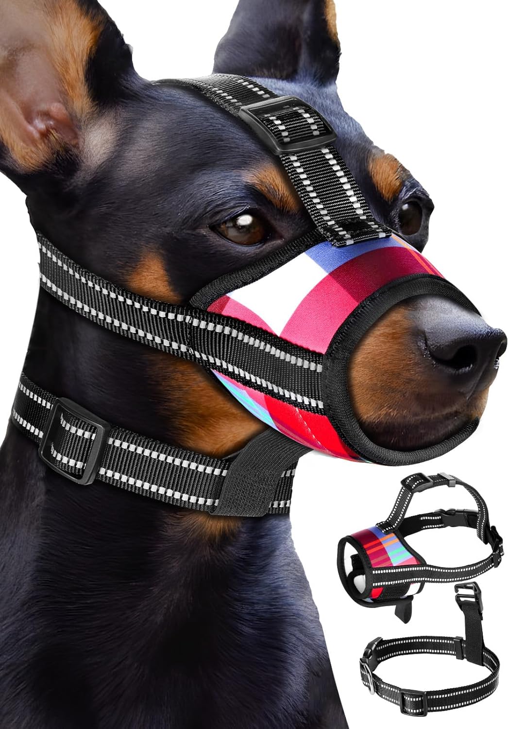 Bistup Bozal para perros pequeños, antiladridos, masticar, bozales suaves con tres tiras reflectantes y cuello, permite beber jadear, bozal de tela