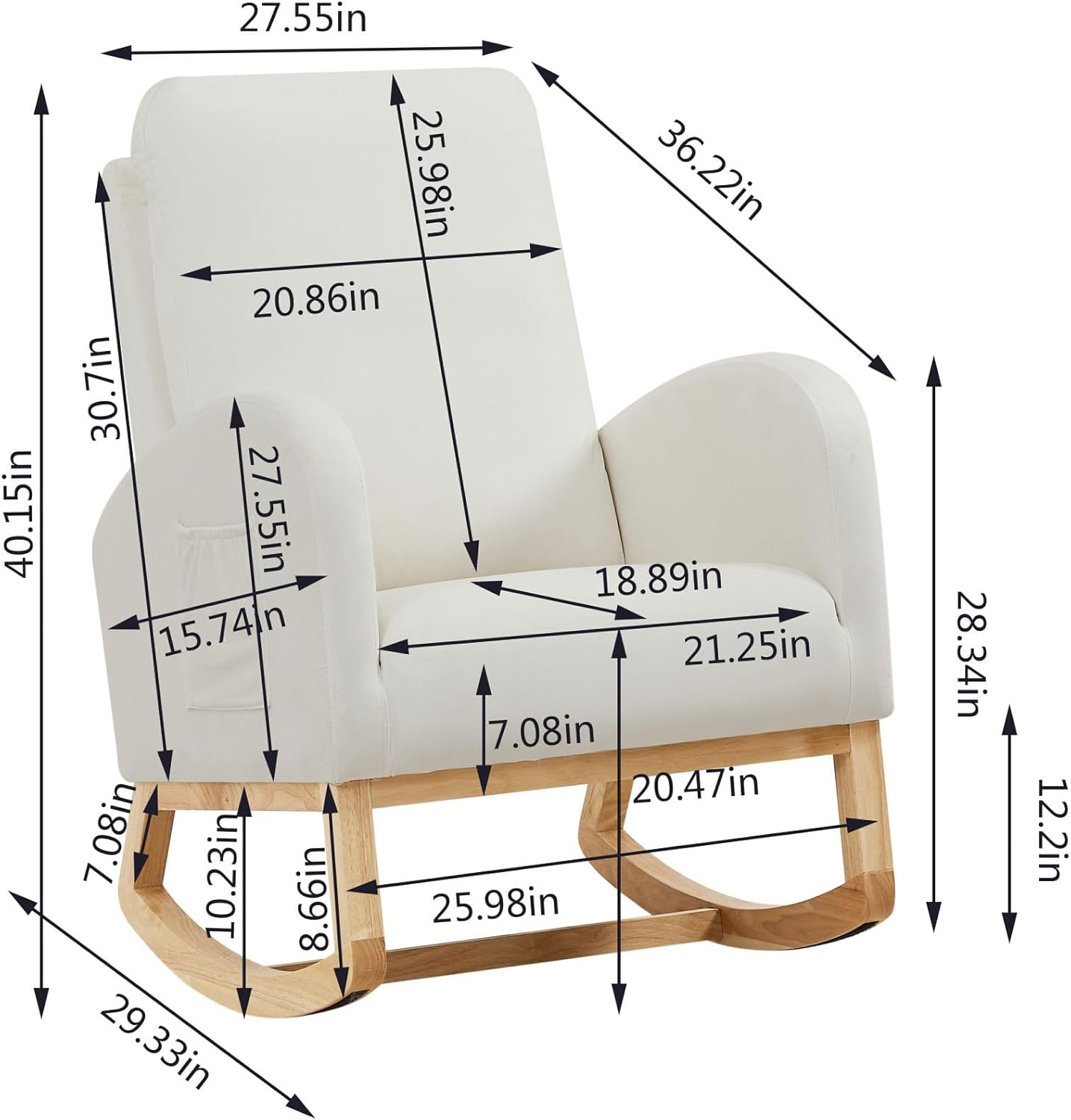 Mecedora tapizada  Mecedora de respaldo alto para guardería con marco de madera y bolsillo lateral  Silla deslizante acolchada  Silla mecedora de