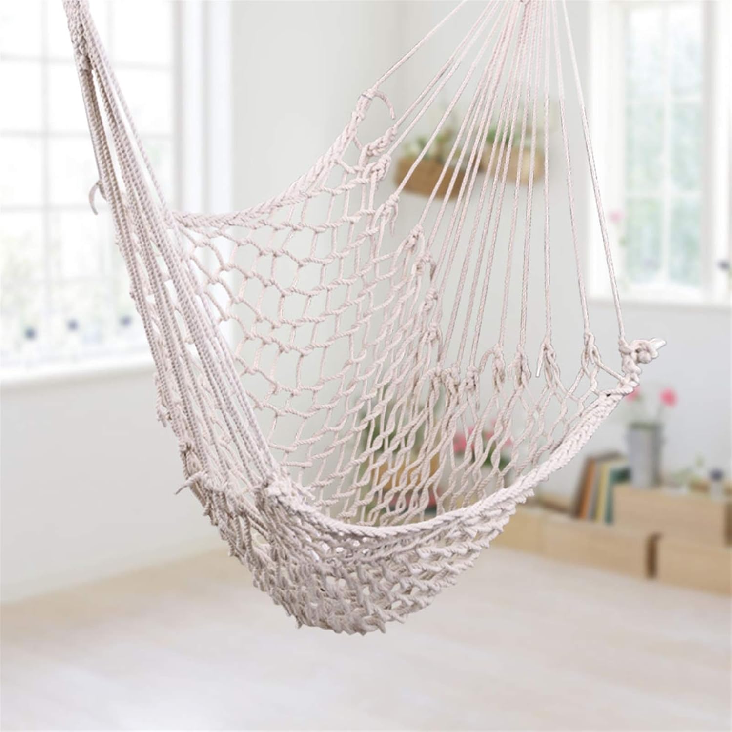 Hamaca colgante para exteriores, con cuerda de algodón y barra de madera, macramé beige, gran aire, silla de cielo para el hogar, interior,