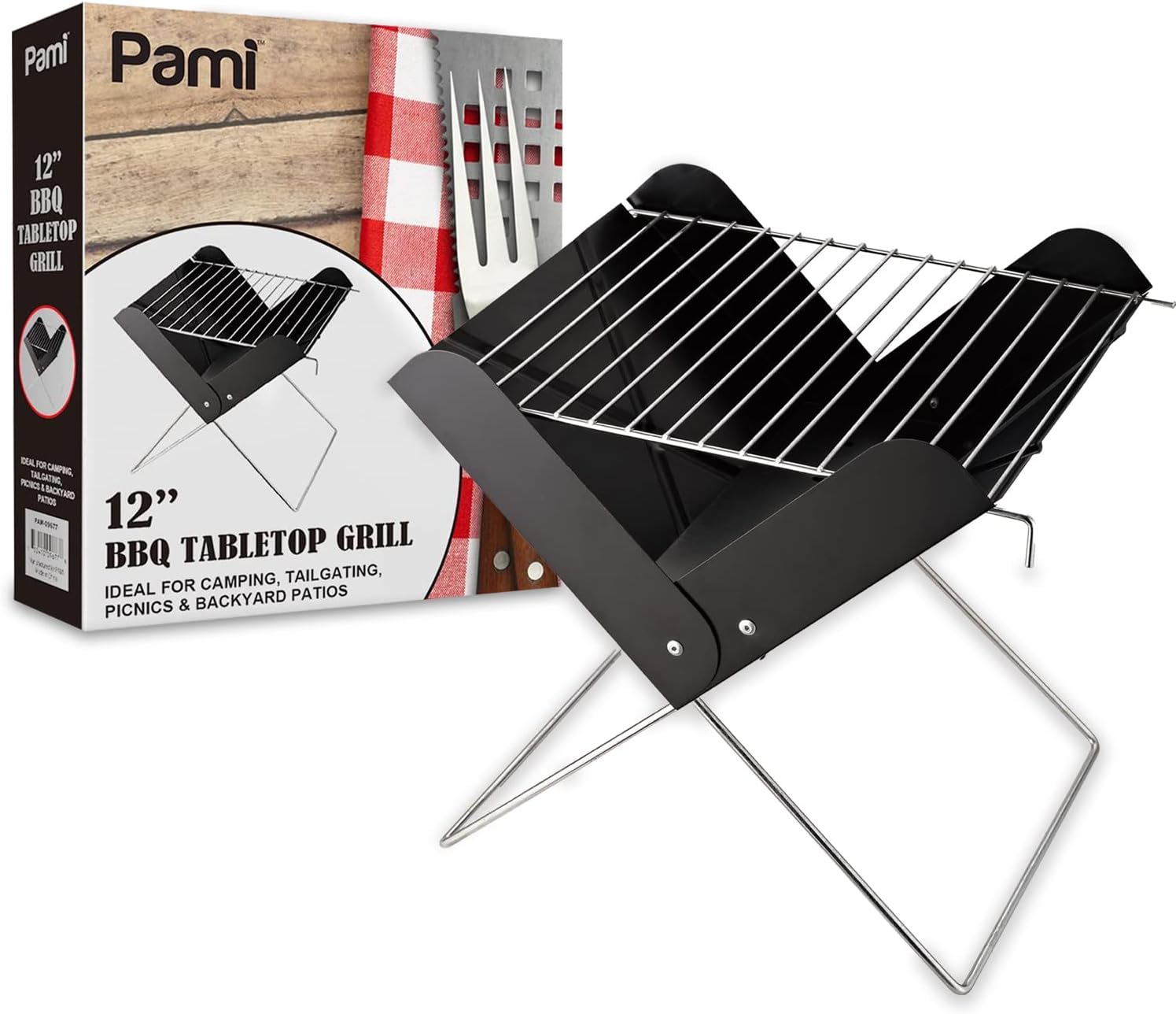 PAMI Parrilla portátil de carbón de mesa para barbacoa, parrilla de 12 pulgadas con patas plegables para patio trasero, campamento, fiesta de cola y