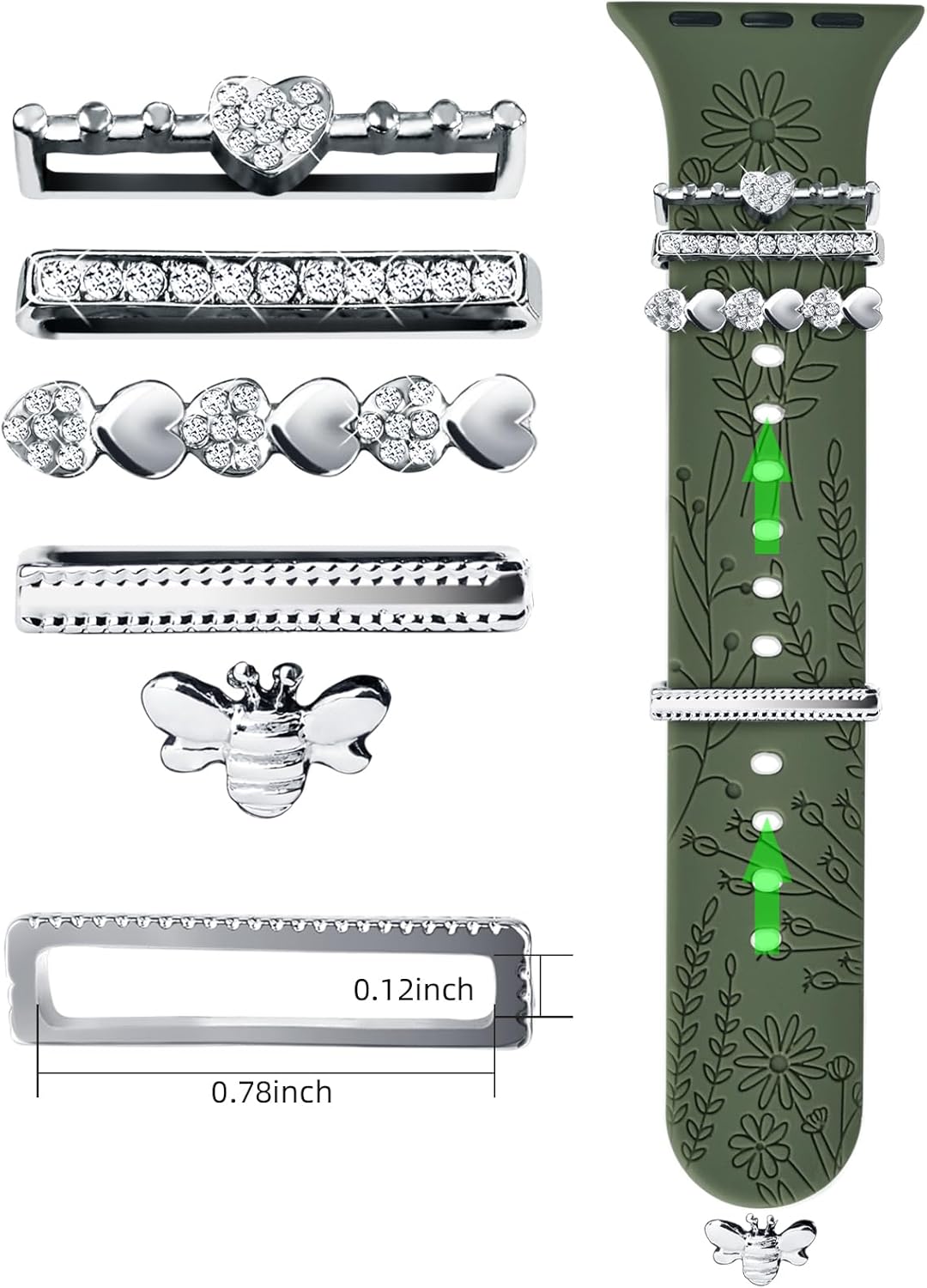 Dijes para correa de reloj (correa incluida), compatible con Apple Watch Band de 1.496 pulgadas, 1.575 pulgadas, 1.614 pulgadas, correas de silicona