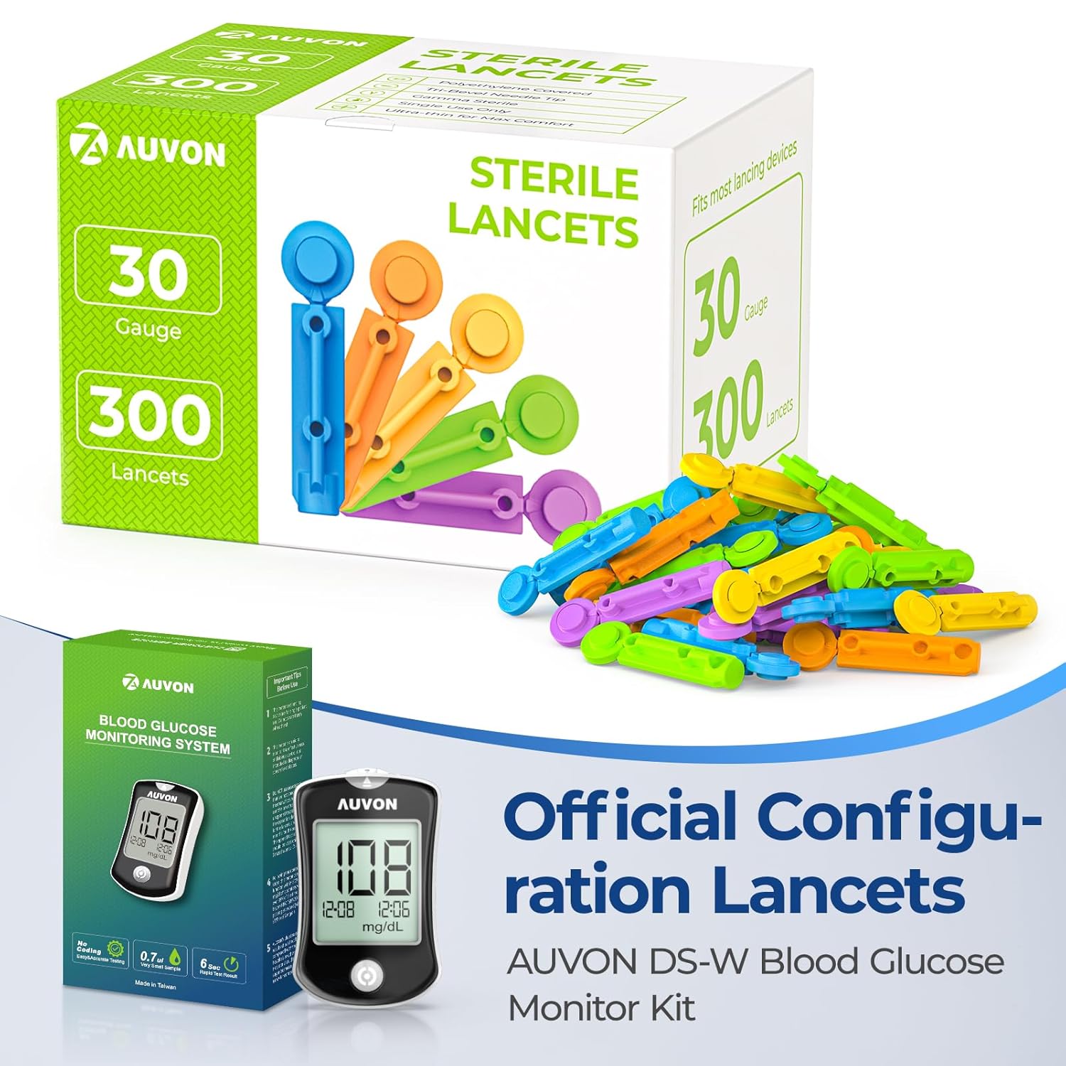 AUVON Lancetas para diabetes para pruebas de glucosa en sangre, multicolor 1.06 oz, 300 unidades de lancetas diabéticas para menos dolor, agujas