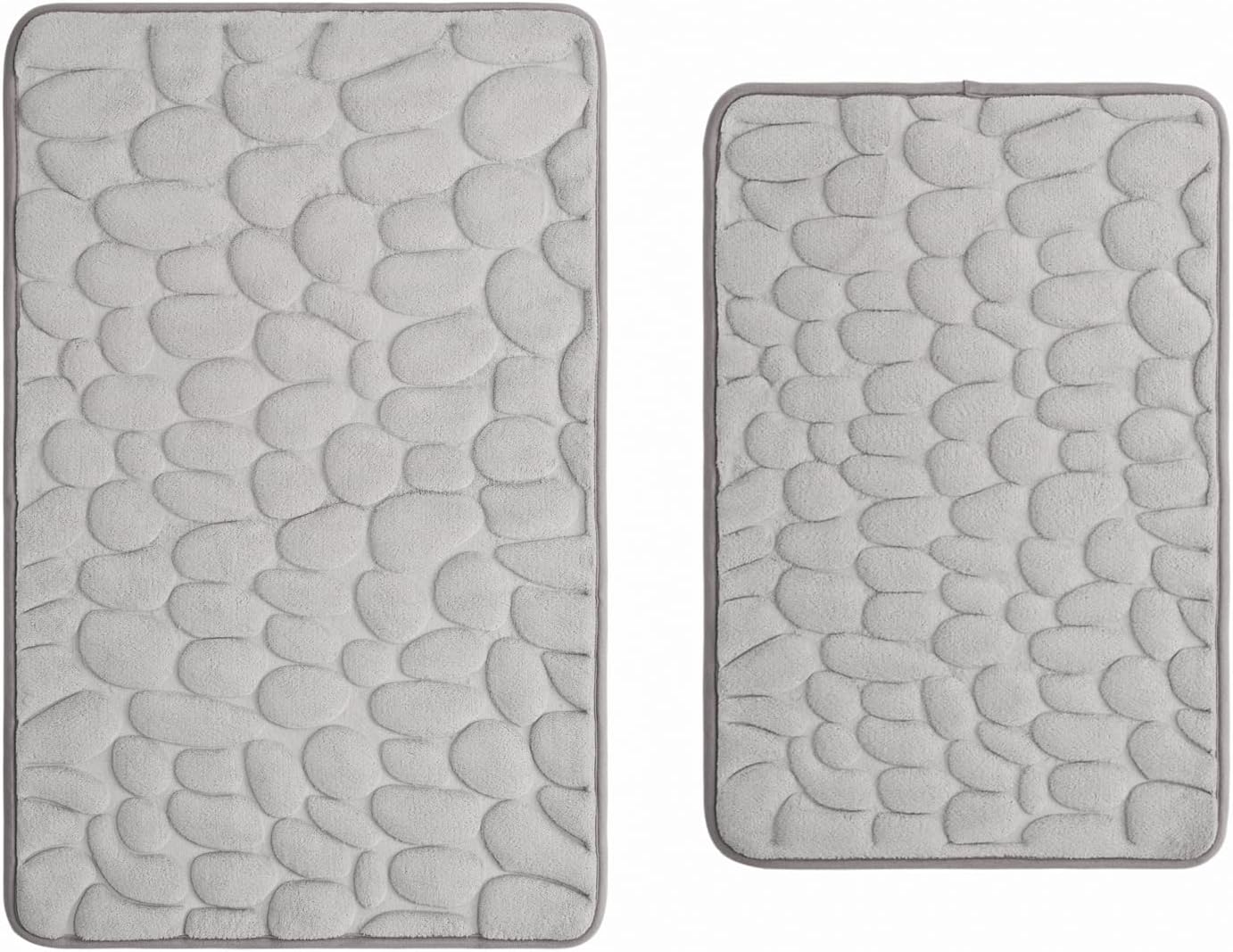 Juego de 2 tapetes de baño de espuma viscoelástica de adoquines suaves y absorbentes, tapetes rectangulares para el inodoro y la ducha (gris claro)