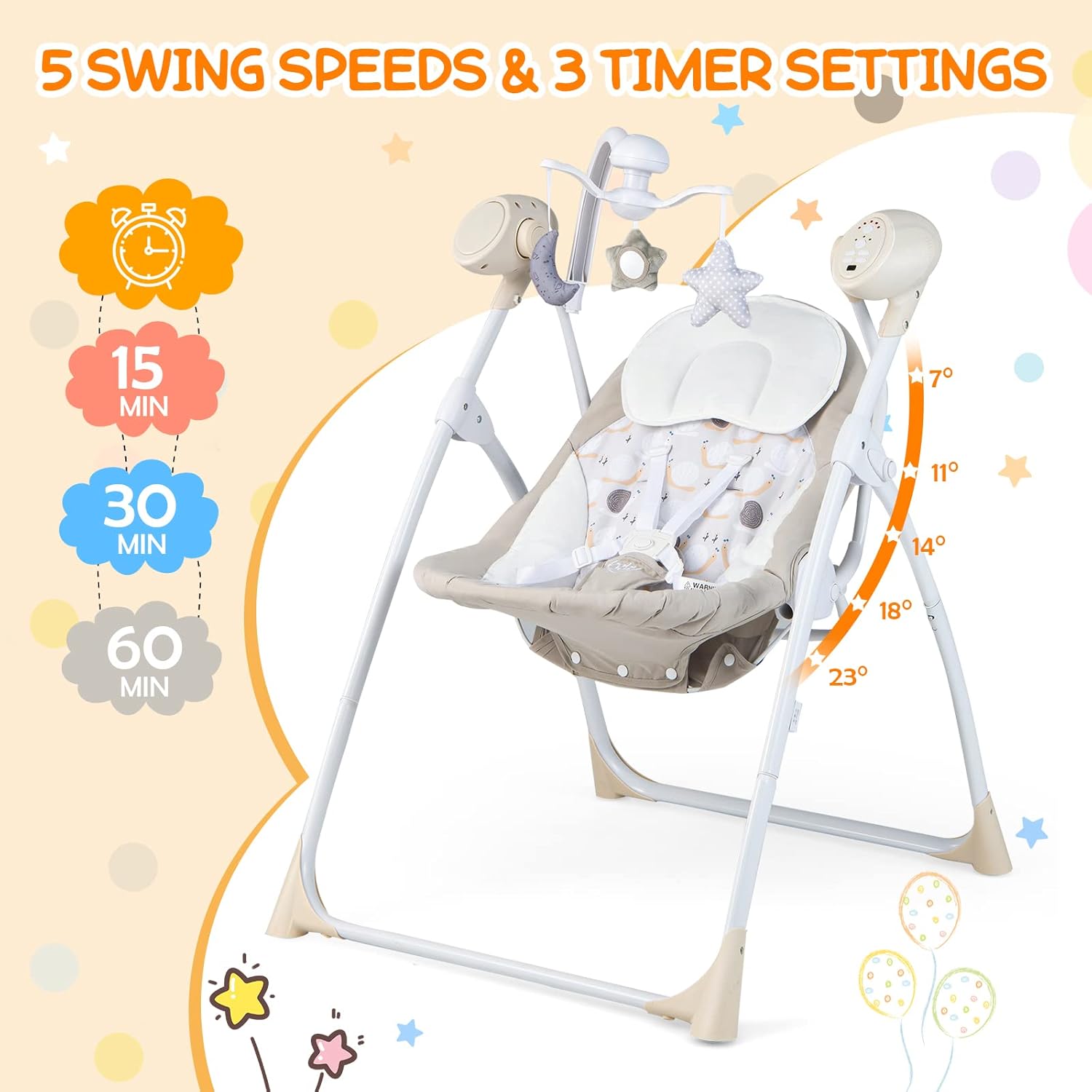 BABY JOY Columpios de bebé para bebés, balancín portátil para bebés con 5 velocidades de oscilación, respaldo ajustable de 3 posiciones, 3 ajustes