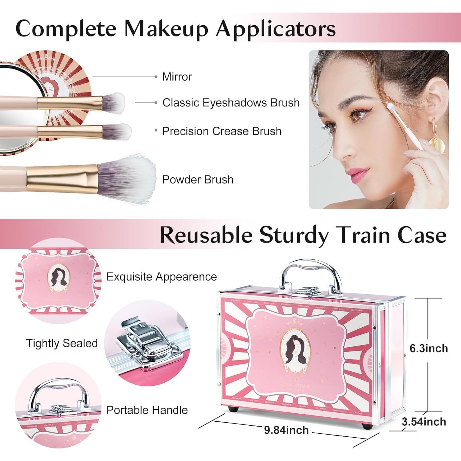 Color Nymph Kits de maquillaje para niñas para adolescentes con estuche de tren retro rosa, incluye paletas portátiles de sombra de ojos con