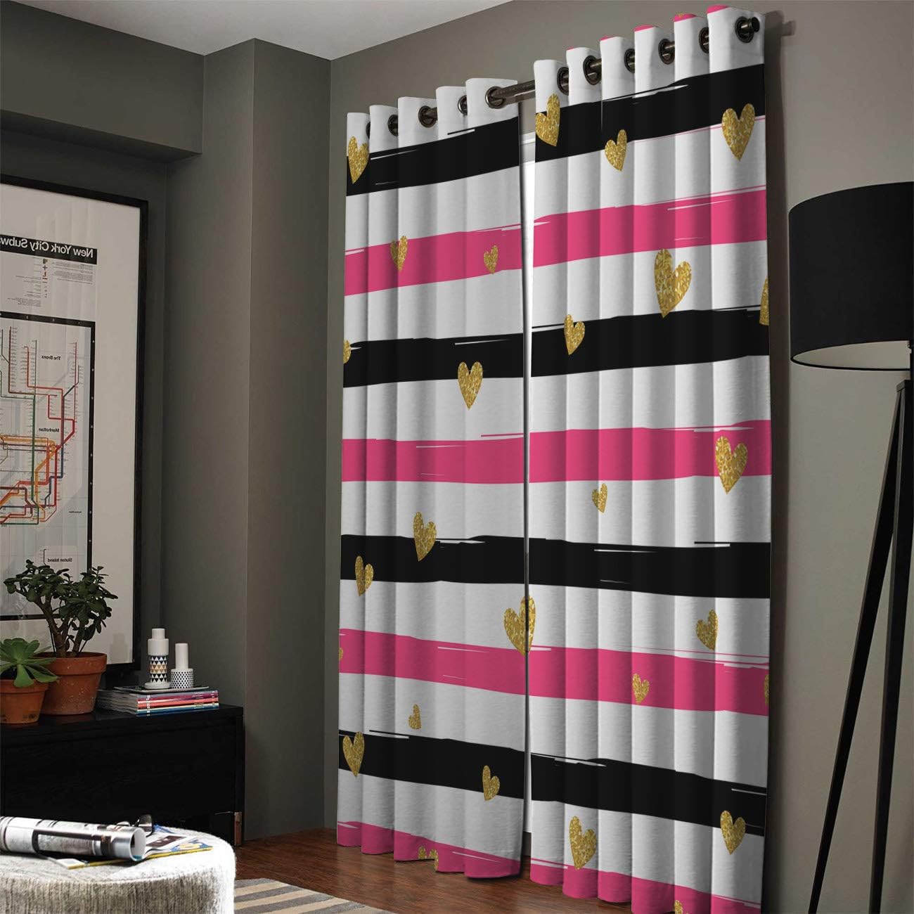 Blackout Curtains Thermal Insulated Pink Black White Stripes Gold Heart Shape Solid Pattern Metal Grommet Elegant Room Drapes Window Curtain for