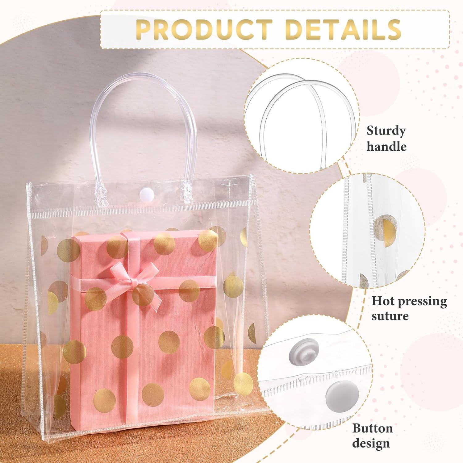 Silkfly 24 bolsas de regalo de plástico transparente para bodas con asa, bolsa de regalo transparente de PVC con lunares, reutilizable, bolsas de