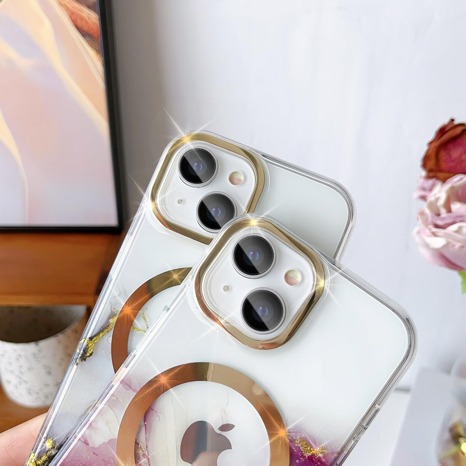 Yeddabox MagSafe – Funda compatible con iPhone 15, patrón de mármol degradado transparente con purpurina dorada para iPhone 15, funda protectora a