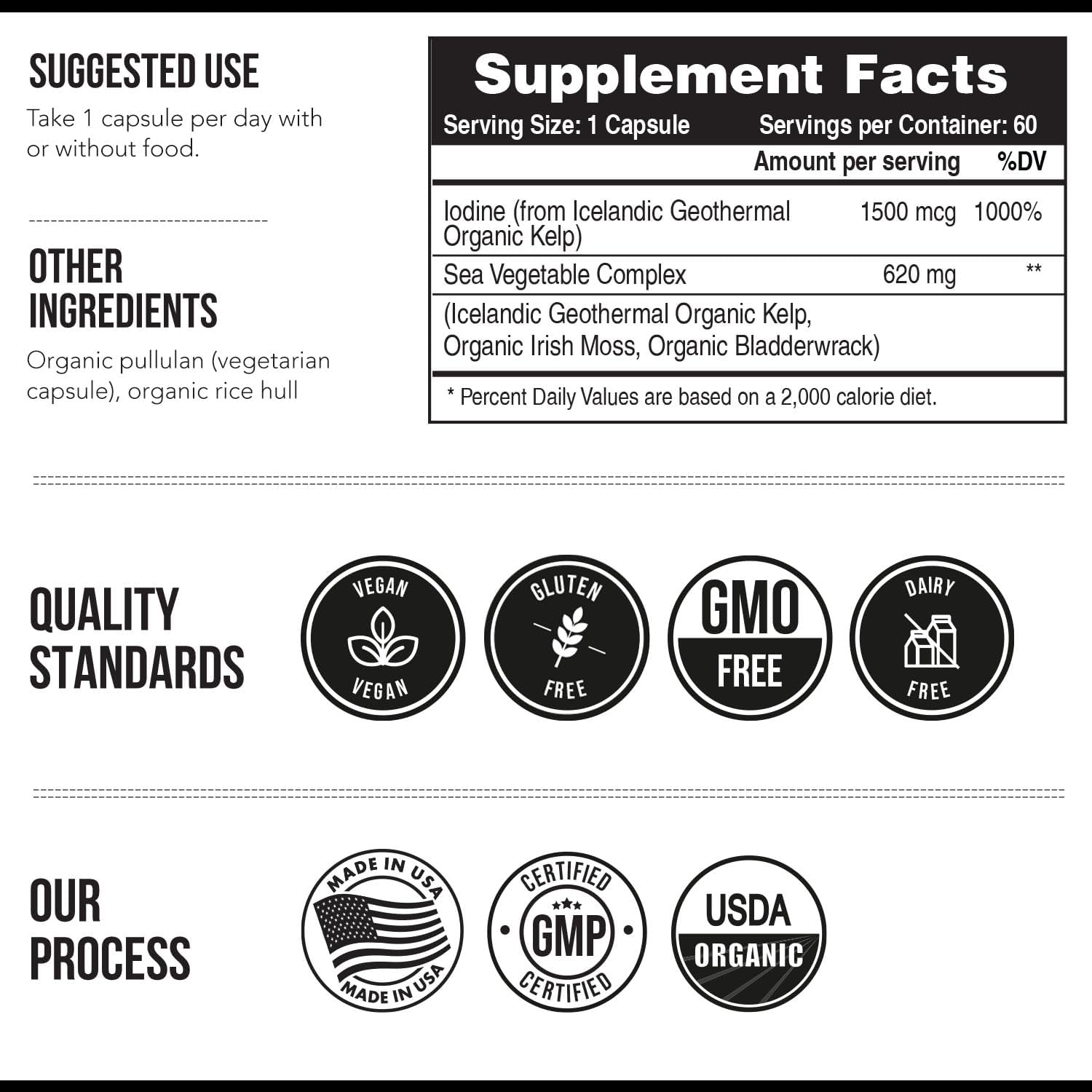 Suplemento de yodo orgánico  1,500 mcg de yodo, fuerza máxima  del complejo de vegetales marinos, alimentos integrales y forma cruda  Contiene algas
