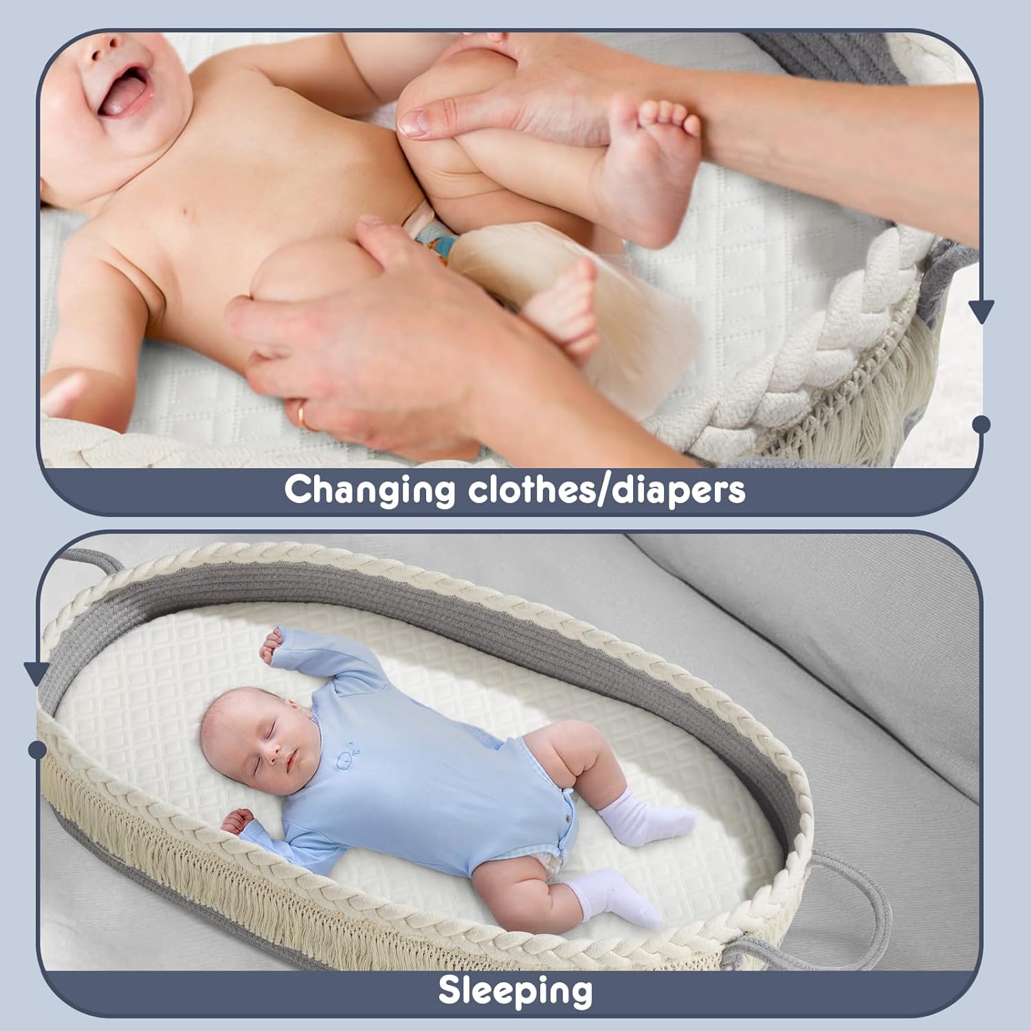 Cesta cambiadora para bebé, cesta de moisés con almohadilla impermeable y manta, cesta tejida portátil y lavable para tocador y cambio de pañales