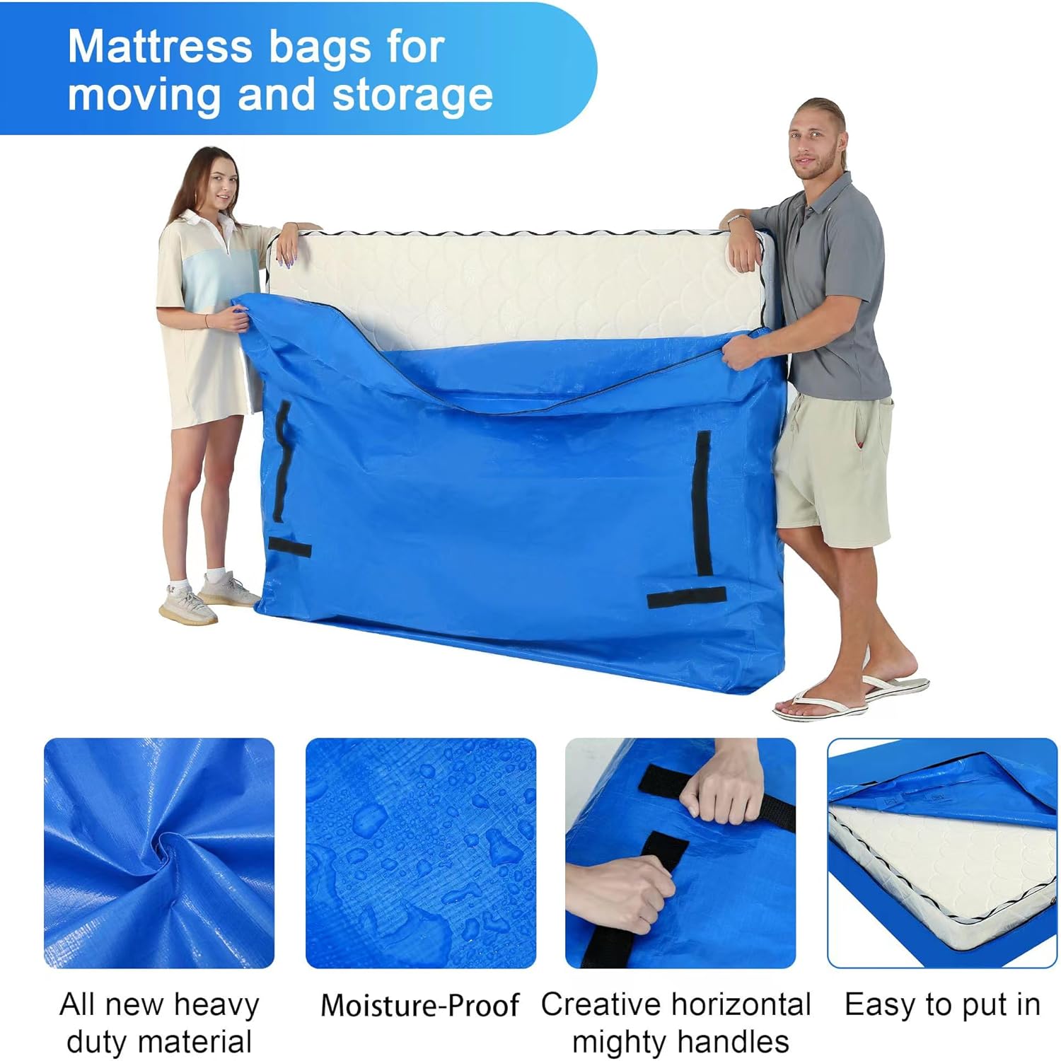 Bolsas de colchón para mudanzas, reutilizables, resistentes, de lona, bolsa de almacenamiento para colchón, tamaño matrimonial XL, con asas, fuerte