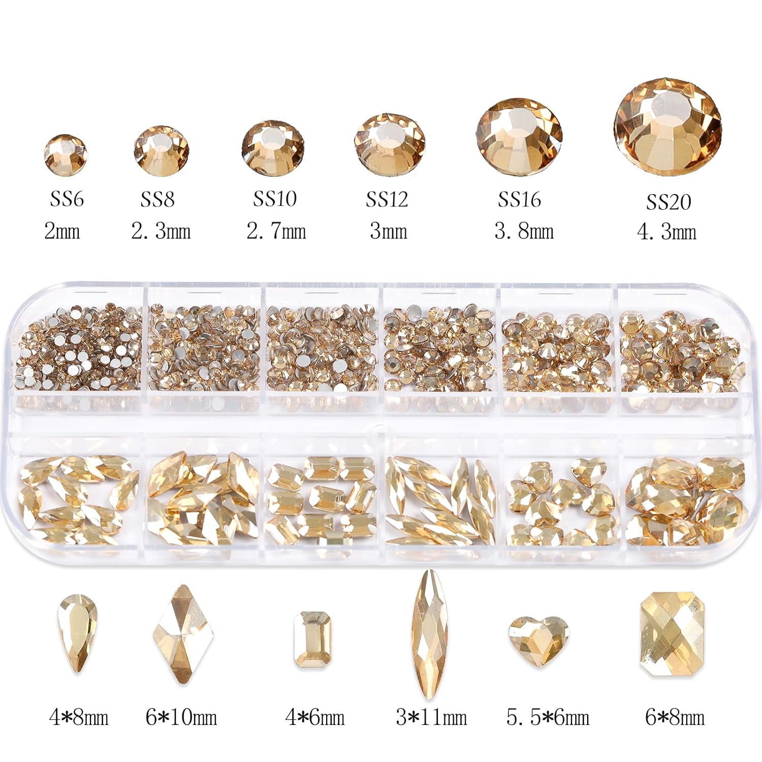 VOTACOS Diamantes de imitación para arte de uñas, diamantes de imitación de parte trasera plana, dijes de uñas dorados, múltiples formas,