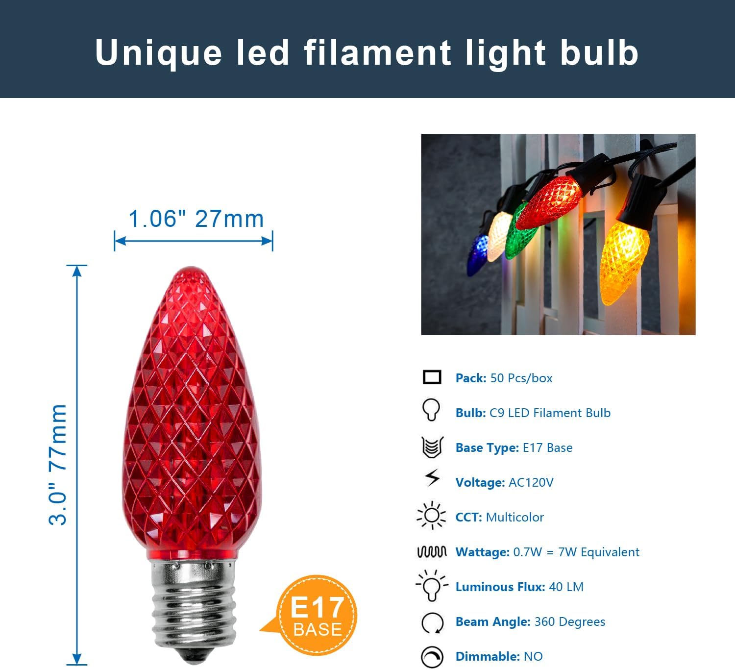 Paquete de 50 bombillas LED multicolor C9 de repuesto, bombillas LED C9 de plástico inastillables e impermeables para tiras de luces al aire libre,