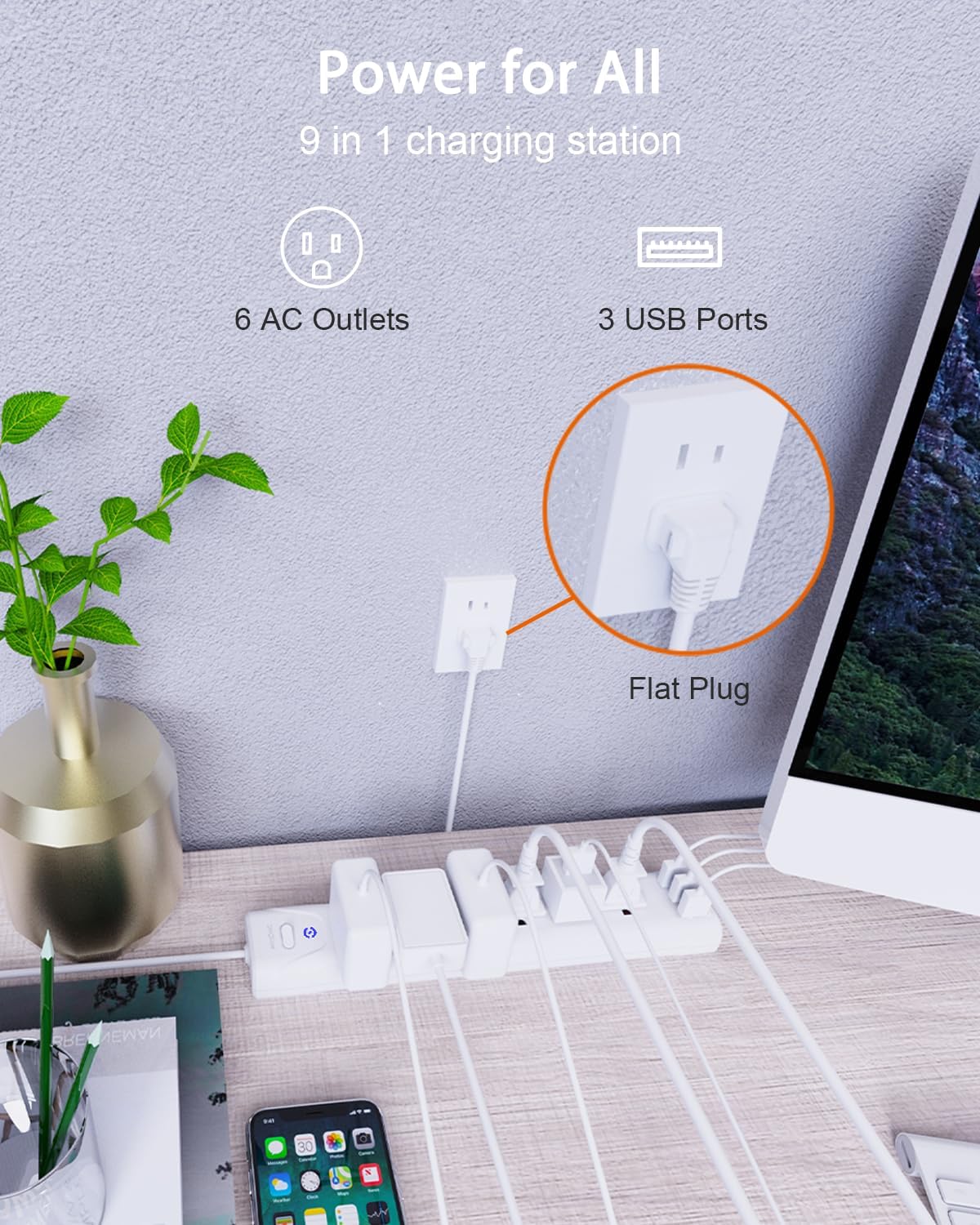 Regleta de alimentación de enchufe plano de 2 clavijas, adaptador de salida de 2 clavijas a 3 clavijas, protector de sobretensiones 1680J, cable de