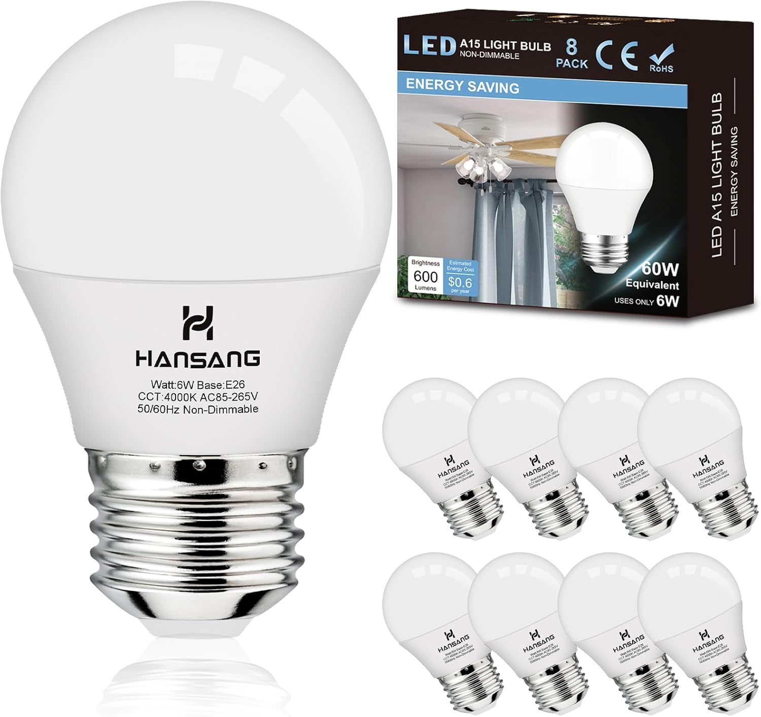 hansang Bombillas para ventilador de techo E26, luz natural de 4000 K, equivalente a 60 vatios, bombilla LED pequeña A15, bombilla de base estándar
