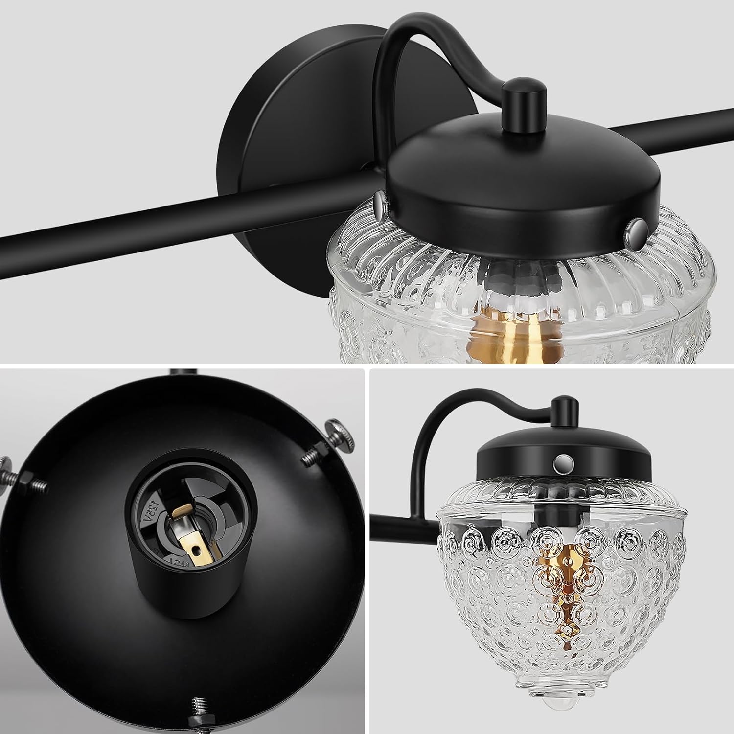 FRIDEKO HOME Lámpara de tocador de baño de 3 luces, pantalla de cristal grueso retro, superficie pintada de negro, luz de pared de baño sobre