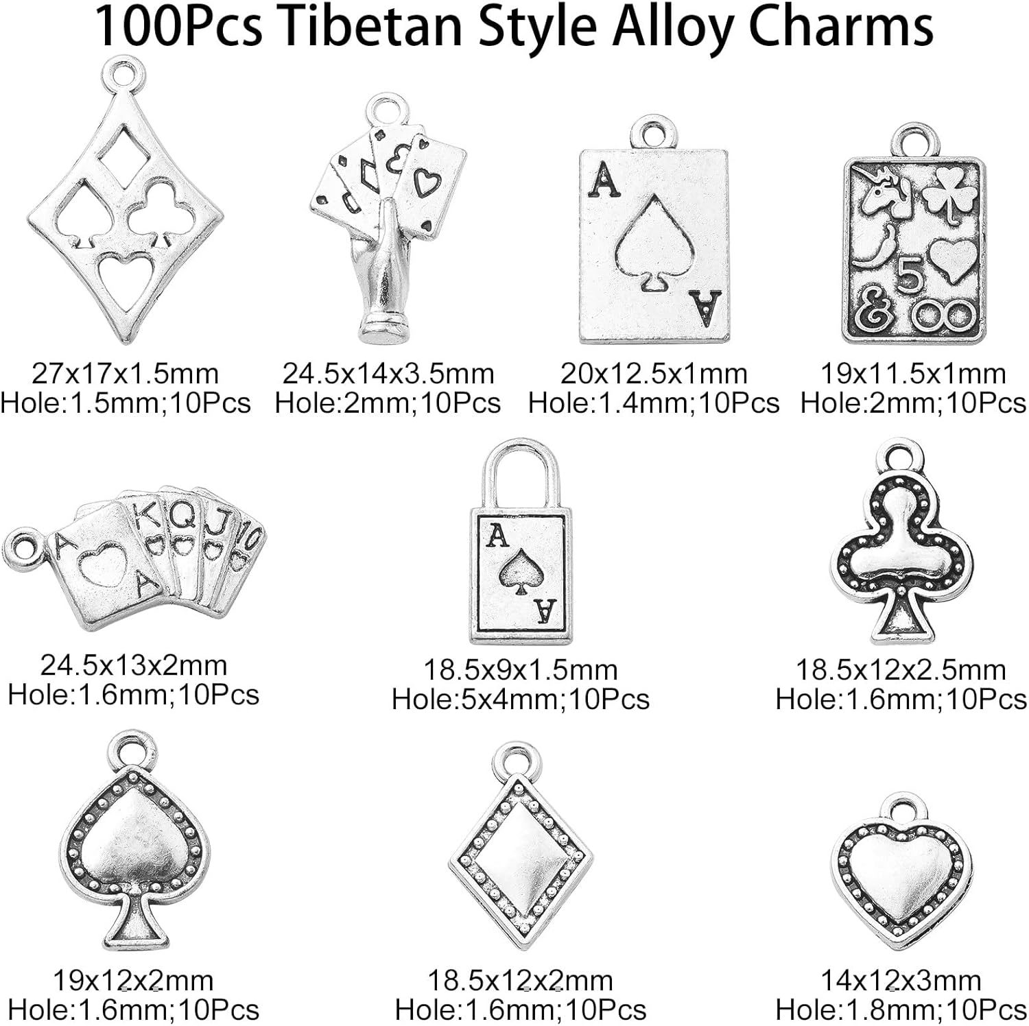 KitBeads 100 dijes de póquer de 10 estilos tibetanos con forma de espada de diamantes para club de diamantes de Las Vegas, dijes de plata antigua