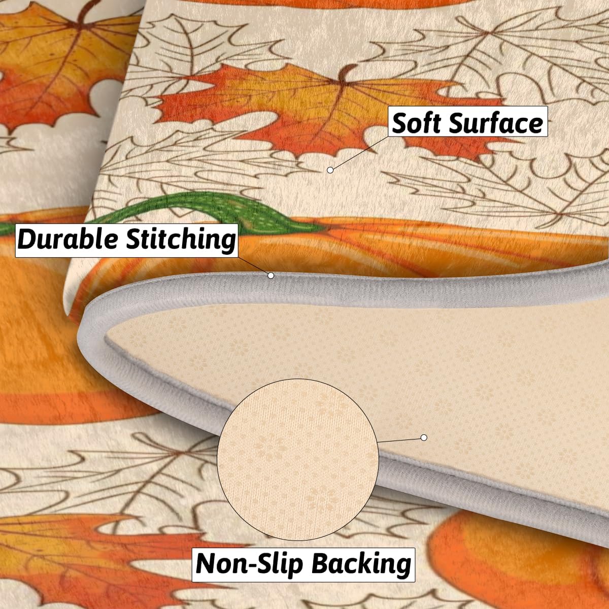 Pumpkin Maple Leaves Fall Thanksgiving Memory Foam Bathroom Rug Runner Soft Cozy Bath Rug Water Absorbent Non-Slip Bathroom Mat Thick Velvet Shower