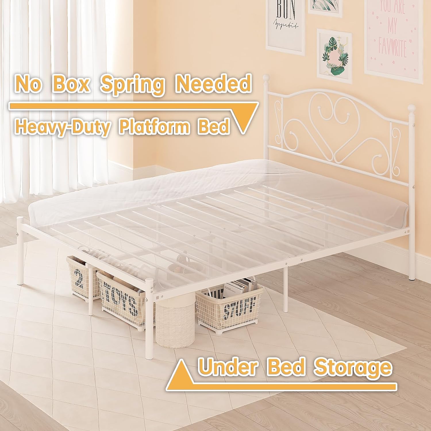 Weehom Base de cama de tamaño matrimonial con cabecero, plataforma de soporte de listones de acero resistente debajo de la cama, espacio de