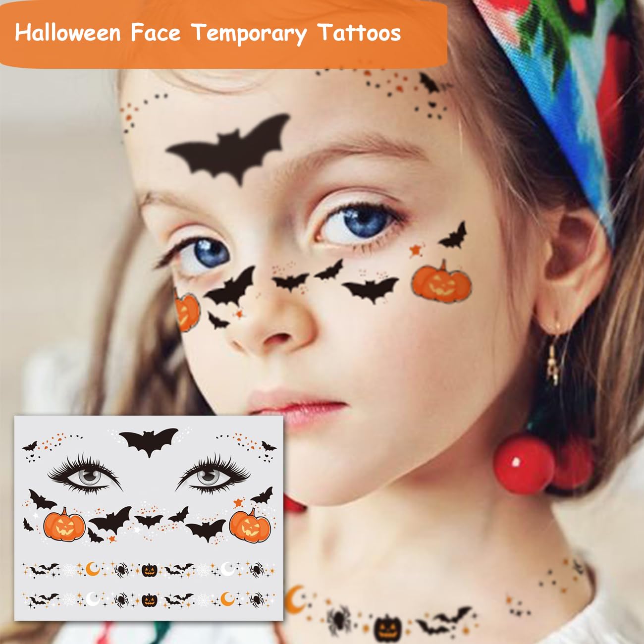 CHARLENT Tatuajes temporales de Halloween para niños, tatuajes faciales de Halloween para niños y niñas, suministros de fiesta de Halloween, bolsas