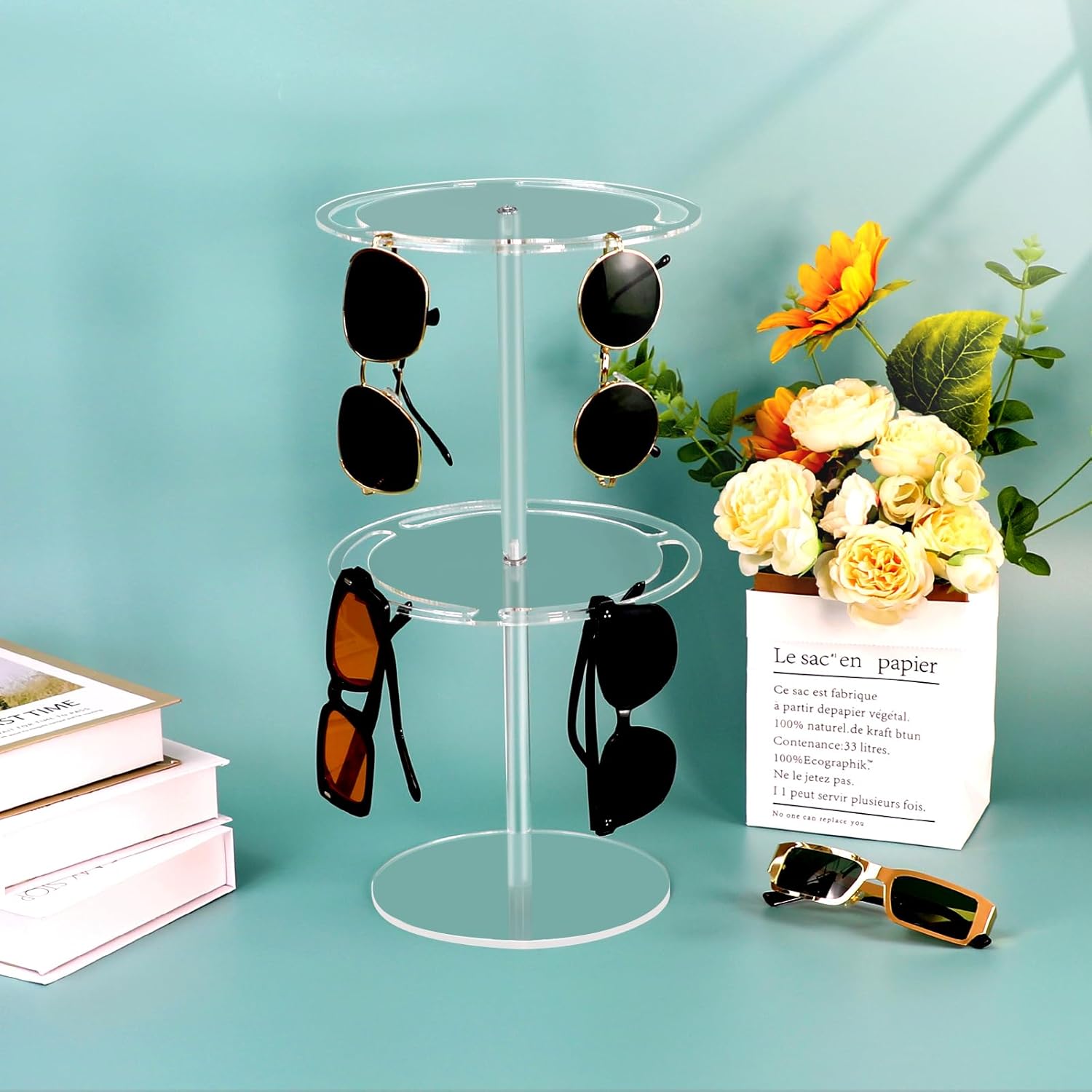 Organizador de lentes de sol de gran capacidad, soporte de exhibición de lentes de acrílico giratorio de 360, estante de almacenamiento de gafas
